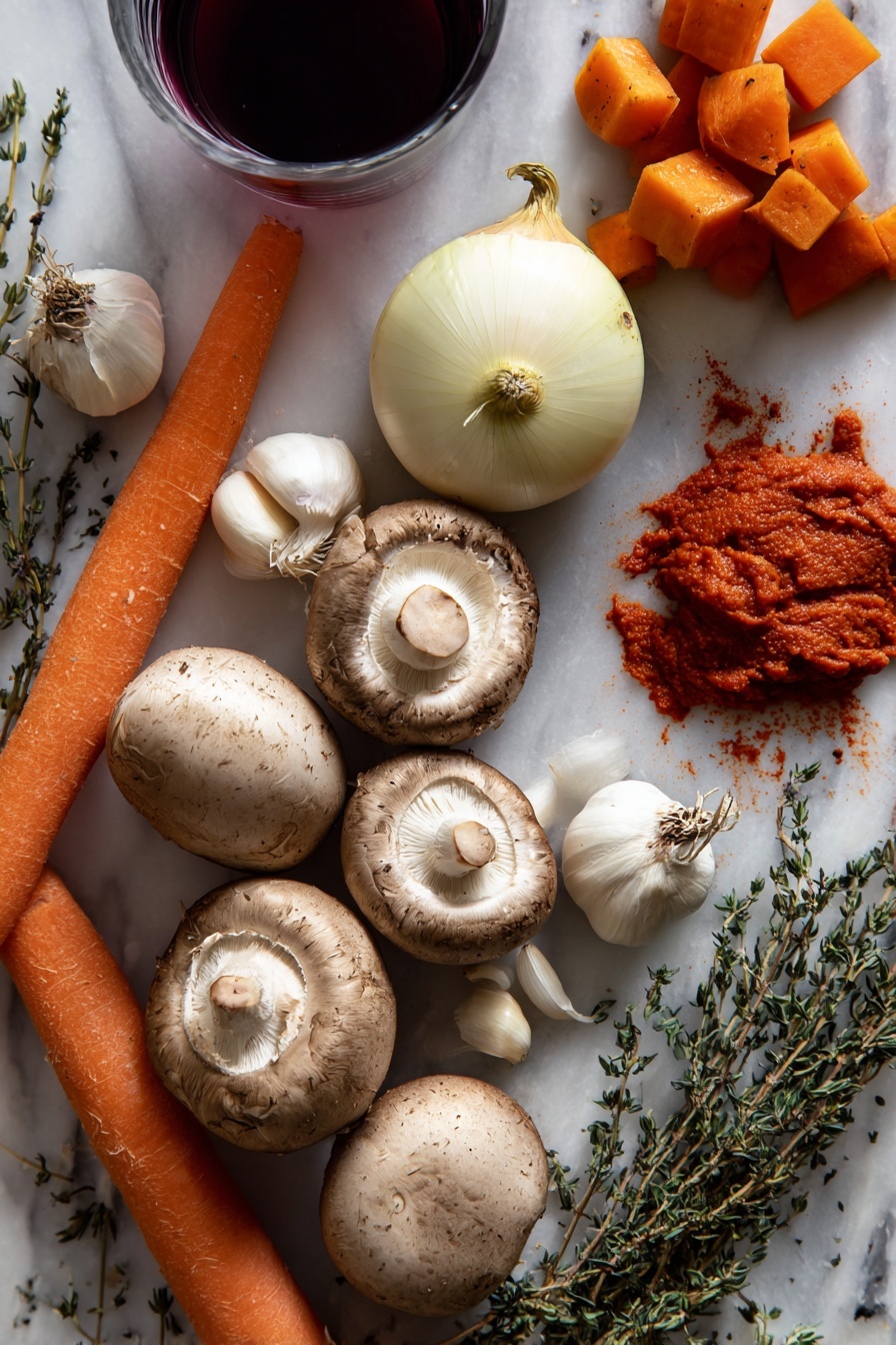 Mushroom Bourguignon, vegetarian mushroom bourguignon, easy mushroom stew, hearty mushroom dinner, flavorful mushroom recipe - Flat lay of fresh cremini mushrooms with their smooth brown caps and creamy white stems, large peeled and chunky bright orange carrots, a whole sweet onion with its shiny pale yellow skin, several cloves of garlic with papery white skins, a small bunch of dried thyme and oregano sprigs with muted green leaves, a rich deep red splash of Pinot Noir wine in a glass container, and a dollop of thick, vibrant red tomato paste in a small heap, all naturally arranged with slight overlaps and varied angles to show texture and color contrast, placed on white marbled surface, photo taken with an iphone --ar 2:3 --v 7