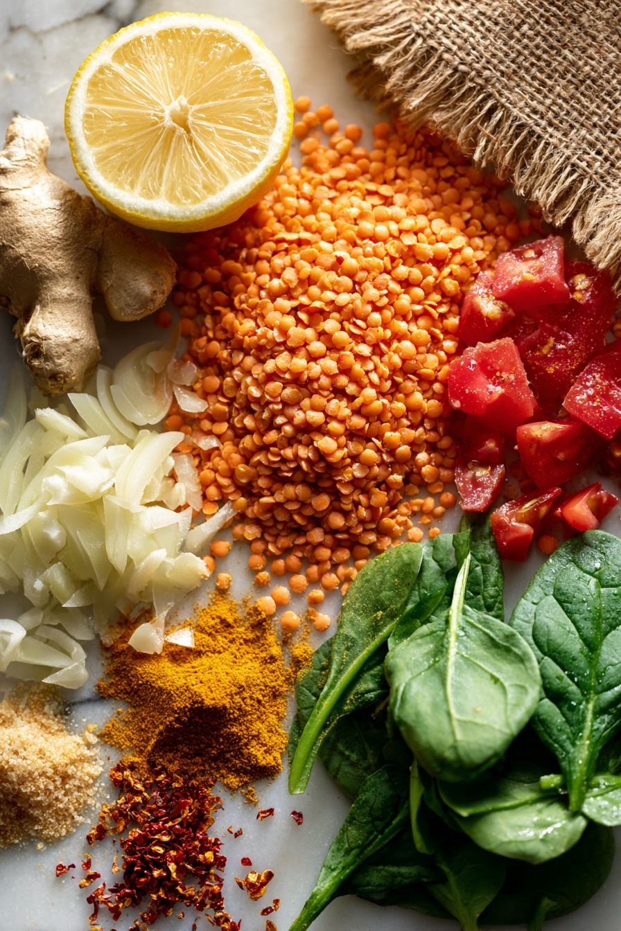 Red Lentil Dahl, Easy Lentil Dahl, Quick Vegan Dinner, Healthy Lentil Recipes, Comfort Food Recipes - Flat lay of bright orange dried red lentils spilling slightly from a rustic burlap, a cluster of fresh, vibrant green baby spinach leaves with delicate veins, a halved lemon showing its juicy, pale yellow interior, plump red diced tomatoes glistening with natural moisture, a whole yellow onion with papery skin alongside finely chopped onion pieces, fresh garlic cloves with smooth white skins and some peeled, thin strips of pale beige fresh ginger root with its rough texture, scattered warm brown garam masala powder and vivid golden turmeric powder forming soft piles, and small red chili flakes adding a pop of color, all beautifully arranged with natural spacing and slight overlaps, placed on white marbled surface, photo taken with an iphone --ar 2:3 --v 7