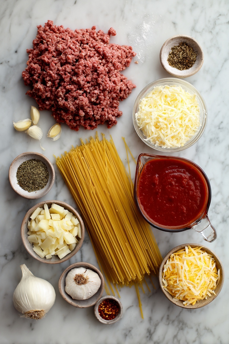 Baked Spaghetti, easy baked pasta recipe, cheesy baked spaghetti, weeknight pasta dinner, hearty baked spaghetti - Flat lay of a large bundle of uncooked spaghetti, a mound of lean ground beef, half a small chopped onion, four garlic cloves, a small bowl of dried oregano, a small dish with red pepper flakes, a generous pitcher of marinara sauce, a small bowl each of shredded mozzarella and shredded cheddar cheeses, and a small pile of freshly grated parmesan cheese, all placed on a white marble surface, photo taken with an iphone --ar 2:3 --v 7