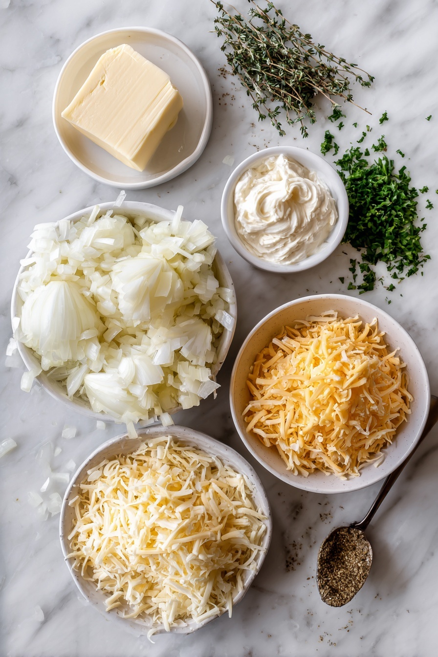 Tennessee Onion Dip, Southern onion dip, caramelized onion appetizer, cheesy onion dip, party appetizer recipes - Flat lay of two large chopped sweet onions, a small pat of unsalted butter, a dollop of creamy mayonnaise, a softened block of cream cheese, a small heap of garlic powder, a pinch of dried thyme, a sprinkle of salt, a generous pile of shredded cheddar cheese, an equal pile of shredded smoked gouda cheese, and a small bunch of fresh chopped parsley placed on a white marble surface, photo taken with an iphone --ar 2:3 --v 7