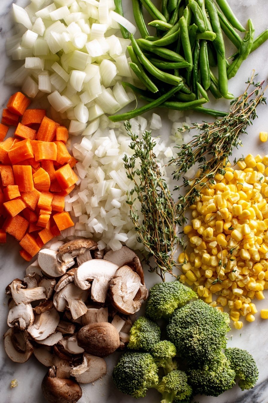 Creamy Vegetable Soup, healthy vegetable soup recipe, homemade creamy soup, comforting veggie soup, easy vegetable soup - Flat lay of diced white onion, sliced celery ribs, whole bright orange carrots, minced garlic cloves, fresh green beans, sliced brown mushrooms, vibrant green broccoli florets, and golden yellow corn kernels, all beautifully arranged with sprigs of dried thyme and oregano scattered artfully, placed on a white marble surface, photo taken with an iphone --ar 2:3 --v 7