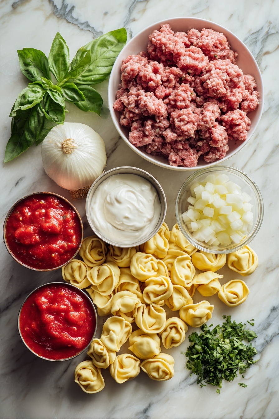 Sausage Tortellini Soup, hearty one-pot sausage soup, creamy tomato tortellini soup, easy sausage pasta soup, cozy Italian sausage soup - Flat lay of fresh ground pork sausage piled loosely, a medium yellow onion diced into small cubes, several cloves of minced garlic, two cans of bright red fire roasted diced tomatoes spilled partially from their cans, plump cheese tortellini arranged in a neat cluster, a dollop of creamy sour cream, and vibrant green chopped fresh basil leaves scattered artfully, all placed on a white marble surface, photo taken with an iphone --ar 2:3 --v 7