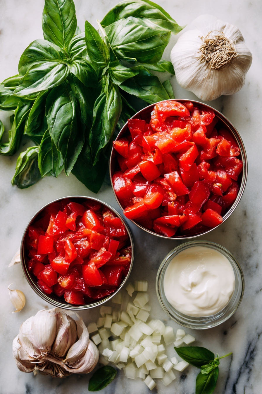 Easy Tomato Basil Soup, tomato basil soup, quick tomato soup, homemade tomato soup, fresh basil soup - Flat lay of bright red fire roasted diced tomatoes in their cans, fresh large green basil leaves, a medium diced white onion, several peeled garlic cloves, and a small glass bowl of creamy heavy cream, all beautifully arranged with a few scattered basil leaves and garlic cloves for texture, placed on a white marble surface, photo taken with an iphone --ar 2:3 --v 7