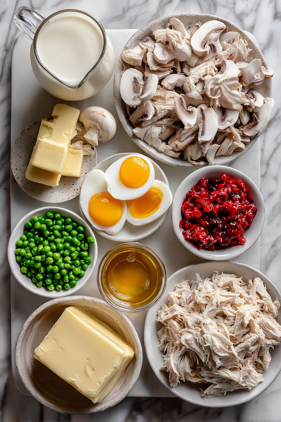 Chicken a la King, Classic Chicken a la King, creamy chicken dinner, easy chicken recipes, comfort food recipes - Flat lay of shredded cooked chicken, sliced white mushrooms, bright green frozen peas, diced red pimientos, golden egg yolks, creamy heavy cream, whole butter block, fresh milk poured in a small glass jug, and a small bowl of rich chicken broth, all beautifully arranged on a white marble surface, photo taken with an iphone --ar 2:3 --v 7