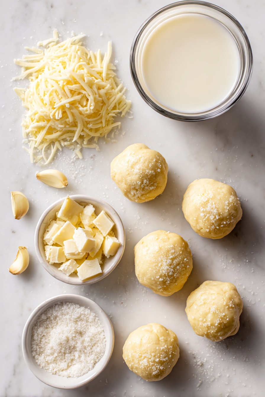 Cheesy Garlic Butter Pull Apart Rolls, cheesy garlic bread, pull apart bread recipe, cheesy bread rolls, garlic butter bread - Flat lay of soft dough balls with a smooth texture, shredded mozzarella cheese piled in small heaps, melted golden salted butter glistening, minced fresh garlic cloves, grated Parmesan cheese in a small mound, granulated sugar crystals sparkling subtly, and a cup of warm whole milk in a glass, all beautifully arranged on a white marble surface, photo taken with an iphone --ar 2:3 --v 7