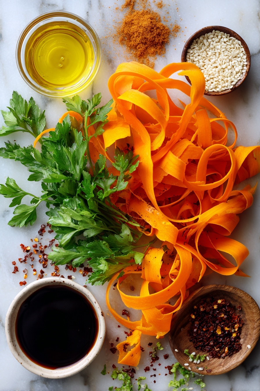 Raw Carrot Salad with Parsley and Balsamic, healthy carrot salad recipe, quick vegetable side dish, fresh and crunchy salad ideas, easy detox salad - Flat lay of thinly sliced bright orange carrot ribbons, fresh green parsley leaves roughly chopped, small piles of light brown maple syrup, glossy dark balsamic vinegar droplets, smooth golden apple cider vinegar, scattered white sesame seeds, and a few deep red crushed pepper flakes, all beautifully arranged on a white marble surface, photo taken with an iphone --ar 2:3 --v 7