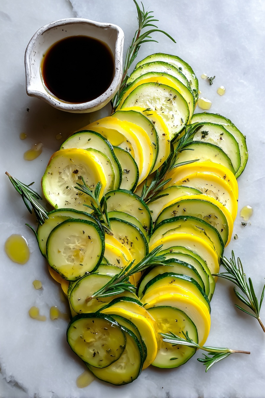 Zucchini and Yellow Squash Tart with Rosemary and Balsamic, summer vegetable tart, easy zucchini and squash tart, herb-infused vegetable tart, fresh summer tart recipe - Flat lay of thinly sliced green zucchini and bright yellow squash arranged in neat overlapping rows, fresh sprigs of crushed rosemary scattered delicately, a small pool of glossy balsamic vinegar reflecting light, a drizzle of golden olive oil glistening on the vegetables, all placed on a white marble surface, photo taken with an iphone --ar 2:3 --v 7