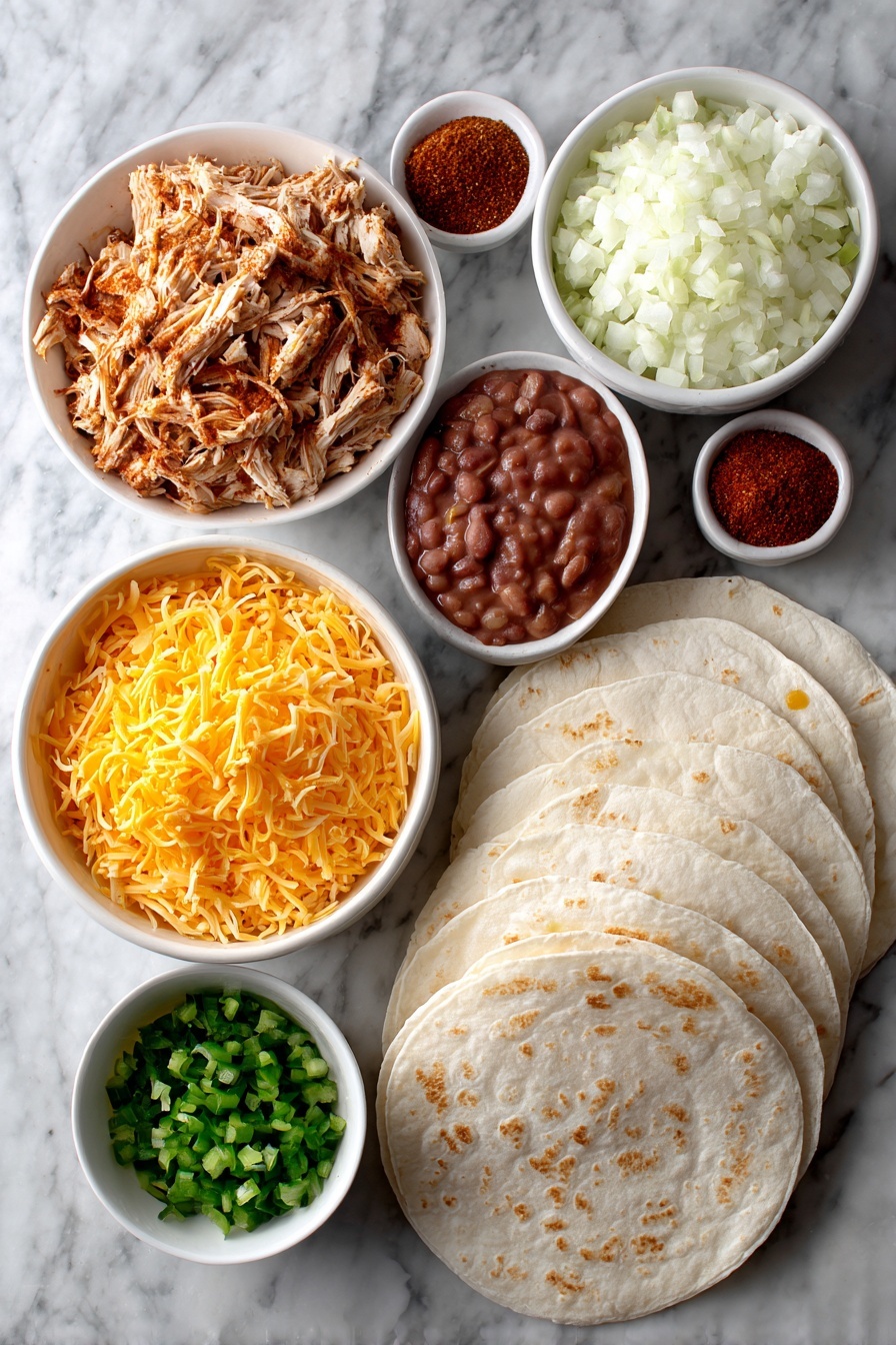 Air Fryer Chimichangas, crispy chimichangas, easy air fryer recipes, Mexican appetizers, healthy fried snacks - Flat lay of shredded cooked chicken, finely chopped white onion, diced green chiles, ground cumin and chili powder in small piles, refried beans dolloped with a smooth texture, shredded cheddar cheese mounded with vibrant orange color, and large soft flour tortillas gently folded, all beautifully arranged on a white marble surface, photo taken with an iphone --ar 2:3 --v 7