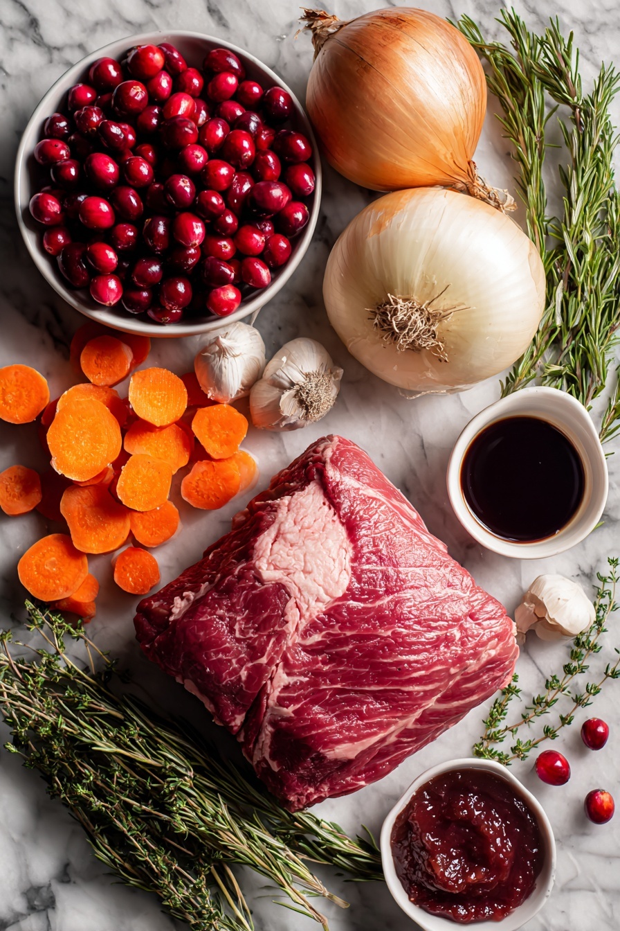Cranberry Balsamic Roast Beef, cranberry balsamic sauce, slow roast beef recipes, holiday beef main dish, savory beef dinner ideas - Flat lay of a fresh beef roast, bright orange peeled and sliced carrots, a handful of vibrant red cranberries, a bulb of garlic with several cloves separated, a large sliced onion, sprigs of fresh thyme and rosemary, a small bowl of deep red tomato paste, and a small dish of balsamic vinegar, all beautifully arranged with natural light and shadows, placed on a white marble surface, photo taken with an iphone --ar 2:3 --v 7
