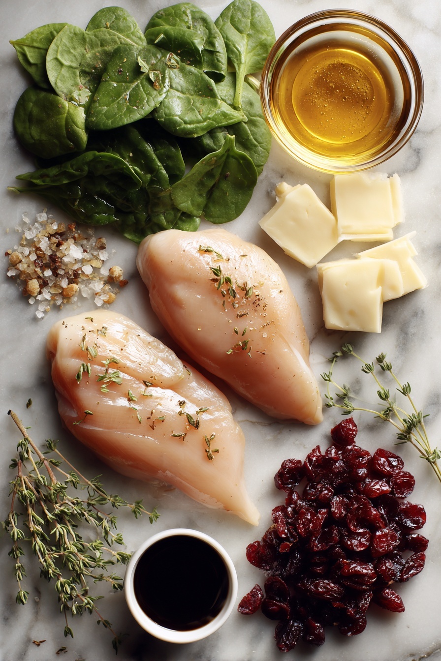 Cranberry & Spinach Stuffed Chicken Breasts with Brie, stuffed chicken breast recipes, elegant chicken dinner ideas, easy stuffed chicken recipes, healthy poultry fillings - Flat lay of fresh boneless skinless chicken breasts, vibrant chopped fresh spinach, plump dried cranberries, creamy slices of brie cheese, golden honey in a small pool, dark balsamic vinegar forming a glossy drop, a small heap of dried thyme, and a scattering of garlic powder, all beautifully arranged on a white marble surface, photo taken with an iphone --ar 2:3 --v 7