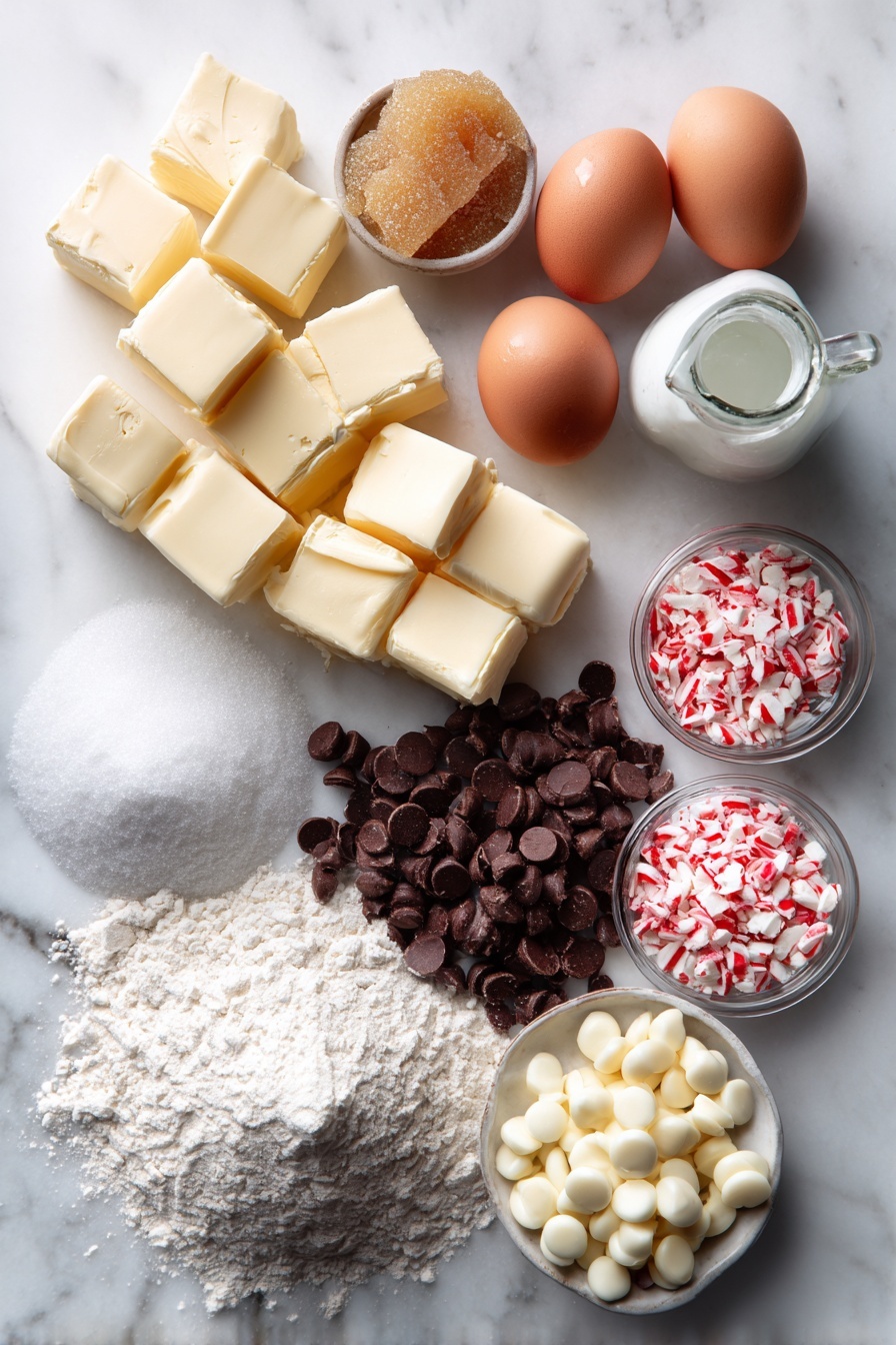 Winter Wonderland Chocolate Chip Cookies, holiday chocolate chip cookies, festive winter cookies, peppermint white chocolate cookies, easy holiday cookie recipe - Flat lay of rich unsalted butter cubes, golden brown sugar crystals, smooth white granulated sugar, glossy large brown eggs, tiny glass bottle of vanilla extract, white all-purpose flour mound, dark semi-sweet chocolate chips, creamy white chocolate chips, and crushed red-and-white peppermint candies, all beautifully arranged in neat clusters placed on a white marble surface, photo taken with an iphone --ar 2:3 --v 7