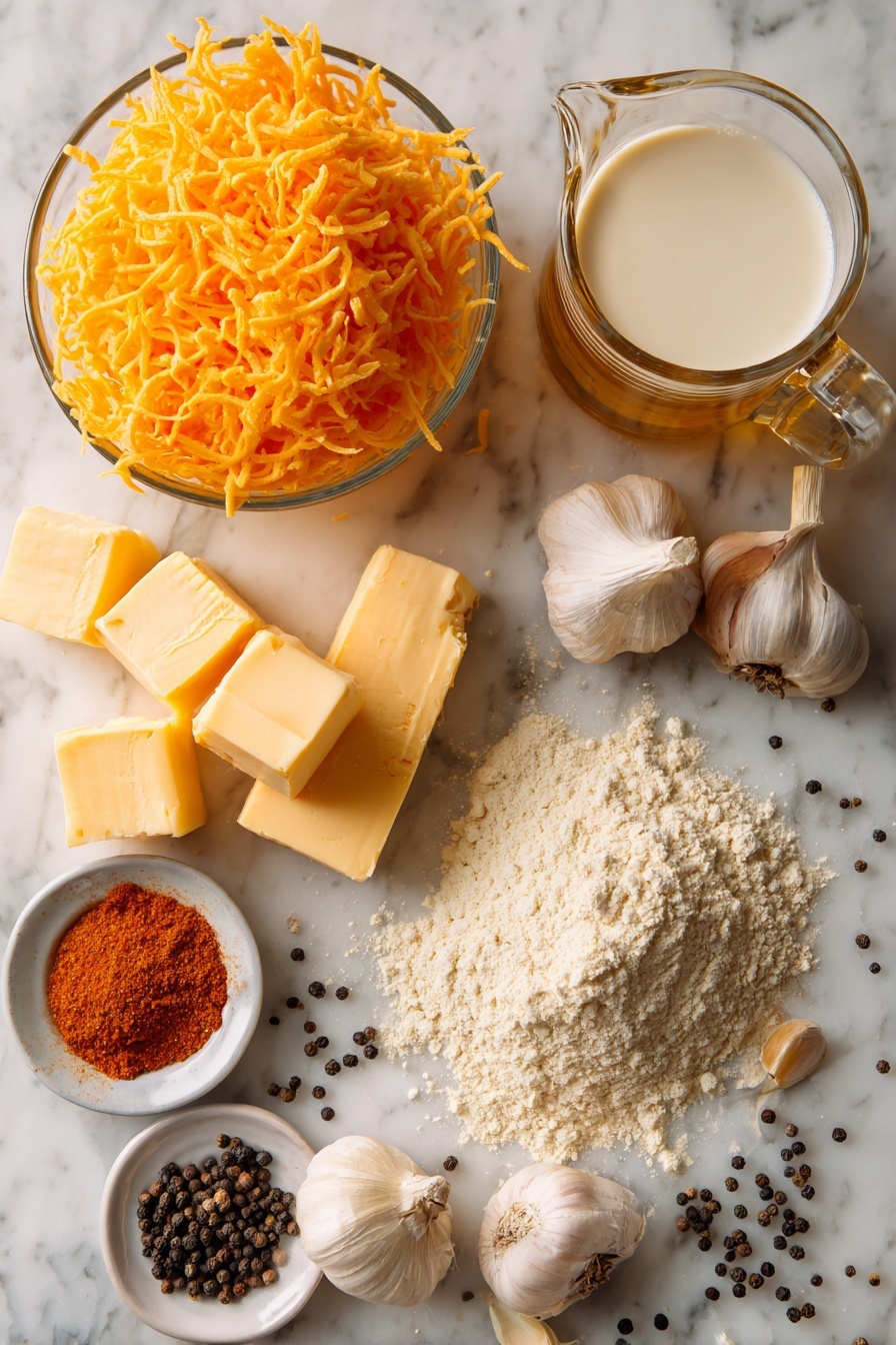 Vegan Beer Cheese, vegan cheese dip, plant-based beer cheese, dairy-free cheese sauce, vegan appetizer - Flat lay of bright orange shredded vegan cheddar cheese, a golden pour of pale IPA beer in a clear glass, a small mound of smooth vegan butter blocks, a pile of light beige all-purpose flour, a few scattered garlic cloves, a sprinkle of vibrant red cayenne powder, a handful of unsweetened almond milk in a clear jug, and scattered black peppercorns, all beautifully arranged on a white marble surface, photo taken with an iphone --ar 2:3 --v 7