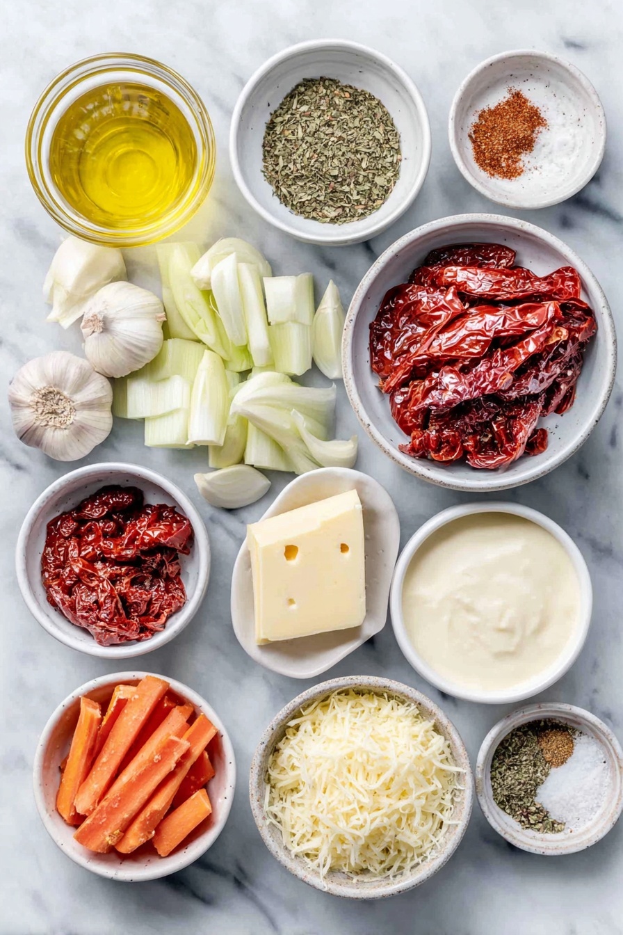 Roasted Red Pepper Gouda Soup, creamy roasted red pepper soup, smoky cheese soup, easy cheese and pepper soup, hot comfort food - Flat lay of a small white bowl of golden olive oil, a small white bowl of creamy butter, a small white bowl of bright red roasted peppers, a small white bowl of deep red sundried tomatoes, a small white bowl of smooth heavy cream, a small white bowl of freshly shredded smoked gouda cheese, a small white bowl of vegetable stock with a pale golden hue, one small white onion roughly chopped, three fresh orange carrots roughly chopped, two crisp green celery stalks roughly chopped, three cloves of garlic peeled and minced, a small white bowl of paprika powder, a small white bowl of mixed Italian seasoning herbs, a small white bowl of coarse salt, a small white bowl of freshly cracked black pepper, all ingredients arranged symmetrically in a balanced layout on a clean white marble surface, soft natural light, photo taken with an iPhone, professional food photography style, fresh ingredients, white ceramic bowls, no bottles, no duplicates, no utensils, no packaging --ar 2:3 --v 7 --p awthu7i m7354615311229779997