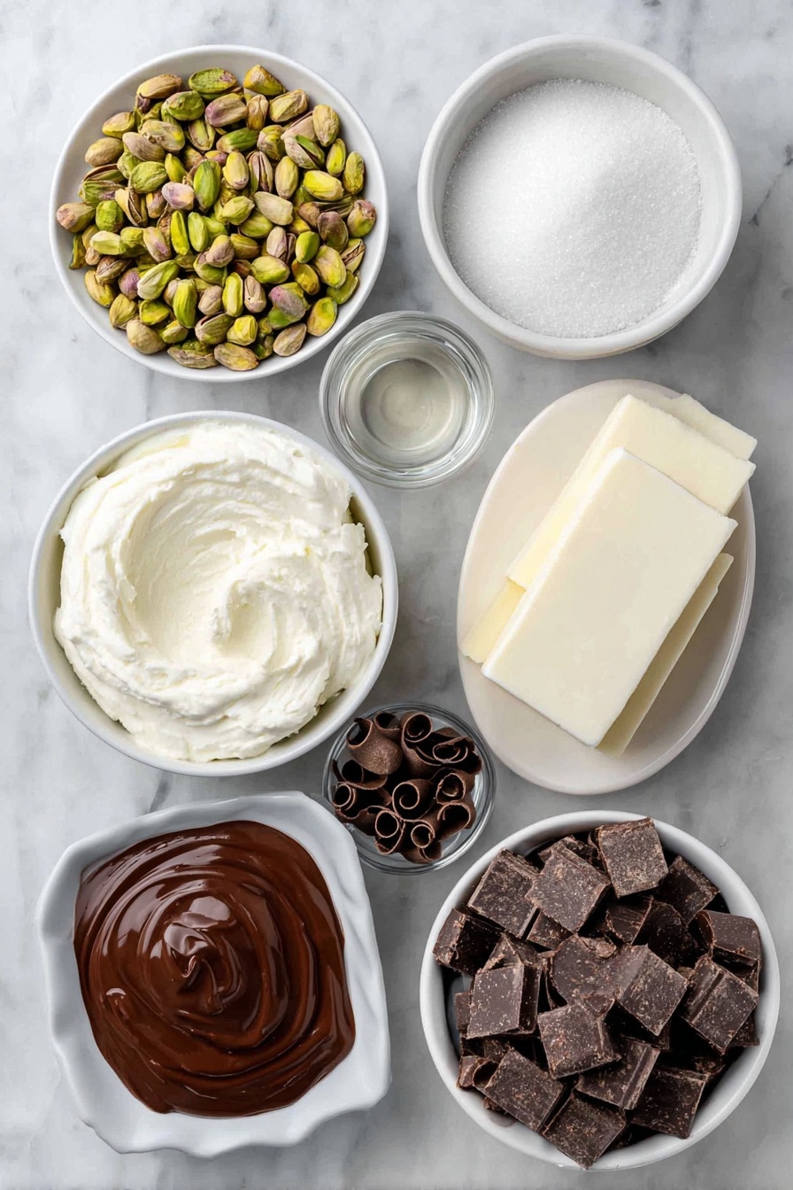 Pistachio Mousse with Chocolate Ganache, elegant pistachio mousse, chocolate ganache dessert, easy pistachio mousse recipe, decadent chocolate mousse - Flat lay of a small pile of shelled pistachios showing fresh green nuts, a neat mound of granulated sugar, a tiny white ceramic bowl with clear vanilla extract, a chilled white ceramic bowl filled with fluffy whipped heavy cream, a smooth oval of soft mascarpone cheese resting on a white ceramic plate, a neat pile of roughly chopped dark chocolate chunks, a small white ceramic bowl holding glossy dark chocolate ganache, a small white ceramic bowl with a cube of unsalted butter, a pinch of coarse sea salt flakes, delicate chocolate curls arranged artistically, and a few scattered whole raw pistachios as garnish—all perfectly arranged in balanced symmetry on a clean white marble surface, soft natural light, photo taken with an iPhone, professional food photography style, fresh ingredients, white ceramic bowls, no bottles, no duplicates, no utensils, no packaging --ar 2:3 --v 7 --p awthu7i m7354615311229779997