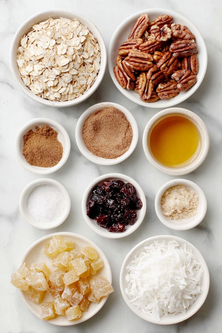 Gingerbread Granola, spicy granola recipe, holiday breakfast ideas, cozy granola mix, homemade spiced granola - Flat lay of old-fashioned rolled oats loosely spread in a small heap, a cluster of raw pecans and walnuts mixed together, a small white bowl of fine-grain sea salt, another small white bowl filled with ground cinnamon powder, a small white bowl containing ground ginger powder, a small white bowl with melted coconut oil shimmering softly, a small white bowl holding amber real maple syrup, a small white bowl with dark glossy molasses, a small white bowl of clear vanilla extract, a small white bowl heaped with large unsweetened white coconut flakes, scattered chopped dried cranberries with deep red tones, and chopped candied ginger pieces with light golden hues, all arranged with perfect symmetry on a clean white marble surface, soft natural light, photo taken with an iPhone, professional food photography style, fresh ingredients, white ceramic bowls, no bottles, no duplicates, no utensils, no packaging --ar 2:3 --v 7 --p awthu7i m7354615311229779997