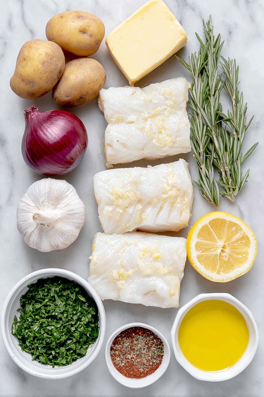 Cod & Potatoes in Rosemary Cream Sauce, rosemary cream sauce with cod and potatoes, easy fish dinner recipe, comforting seafood dish, beginner-friendly cod recipe - Flat lay of fresh Yukon gold potatoes cut into 1-inch pieces, a whole cod fillet divided into four portions with clean white flesh, three whole uncracked brown garlic cloves, one whole large shallot with smooth purple skin, two sprigs of fresh green rosemary, a whole bright yellow lemon with one half sliced, small white ceramic bowls containing extra-virgin olive oil, salted butter, heavy cream, light golden chicken stock, Dijon mustard, capers, and lemon juice, a small white bowl of fresh cracked black pepper and kosher salt, a small pile of vibrant minced flat leaf parsley, and a pinch of ground cayenne pepper, all arranged symmetrically with perfect balance on a clean white marble surface, soft natural light, photo taken with an iPhone, professional food photography style, fresh ingredients, white ceramic bowls, no bottles, no duplicates, no utensils, no packaging --ar 2:3 --v 7 --p awthu7i m7354615311229779997