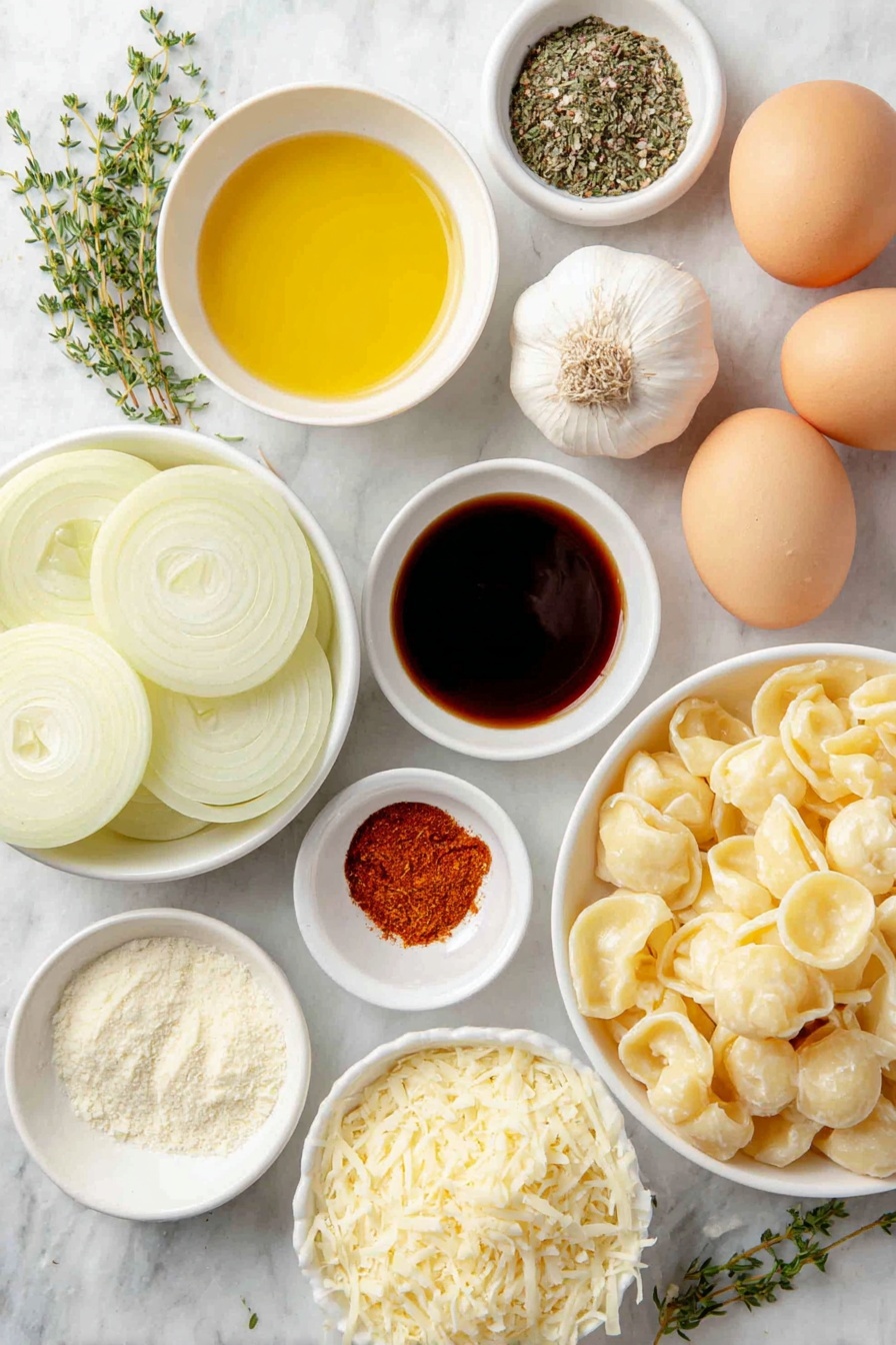 French Onion Pasta with Gruyere, French Onion Pasta recipe, caramelized onion pasta, cheesy pasta recipes, easy onion pasta dish - Flat lay of three large yellow onions sliced into thin rings, a small white ceramic bowl of golden olive oil, a matching bowl with creamy unsalted butter, four whole uncracked garlic cloves, a tiny white bowl of bright red pepper flakes, a small white bowl with dark Worcestershire sauce, a small white bowl filled with deep brown soy sauce, a small white bowl of granulated beef bouillon powder, a few fresh green sprigs of parsley, a few fresh thyme sprigs, a small white bowl containing paprika powder, a small white bowl with dried oregano, two whole uncracked brown eggs, a handful of uncooked orecchiette pasta, a pile of freshly shredded pale yellow Gruyere cheese, a small heap of finely grated white Parmesan cheese, all ingredients neatly arranged with perfect symmetry and balanced proportions, placed on a clean white marble surface, soft natural light, photo taken with an iPhone, professional food photography style, fresh ingredients, white ceramic bowls, no bottles, no duplicates, no utensils, no packaging --ar 2:3 --v 7 --p awthu7i m7354615311229779997