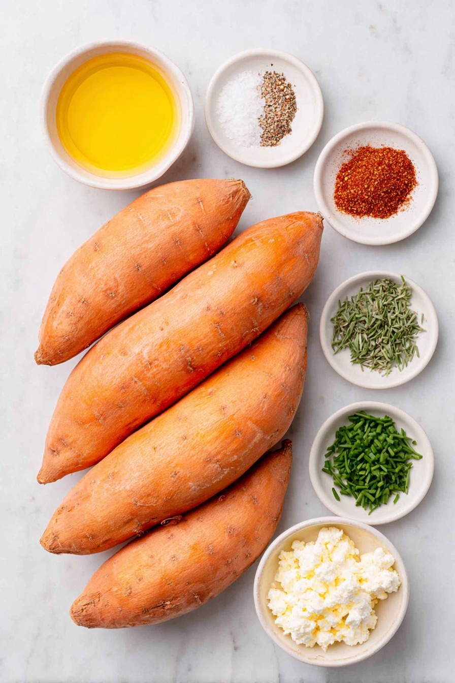 Sweet Potato Rounds with Honey and Feta, healthy appetizer ideas, easy sweet potato snacks, quick vegetarian appetizers, flavor-packed finger foods - Flat lay of a stack of three large sweet potatoes with bright orange skin, a small white bowl of golden olive oil, a small white bowl containing a warm brown spice mix of cinnamon, smoked paprika, cumin, coriander, and red pepper flakes, a small white bowl of coarse kosher salt next to a small white bowl with fresh cracked black pepper, a small white bowl filled with amber honey, a small white bowl of crumbly white feta cheese, and a small bunch of fresh green chives and parsley sprigs placed neatly, all arranged in perfect symmetry, the ingredients looking fresh and natural, placed on a clean white marble surface, soft natural light, photo taken with an iPhone, professional food photography style, fresh ingredients, white ceramic bowls, no bottles, no duplicates, no utensils, no packaging --ar 2:3 --v 7 --p awthu7i m7354615311229779997