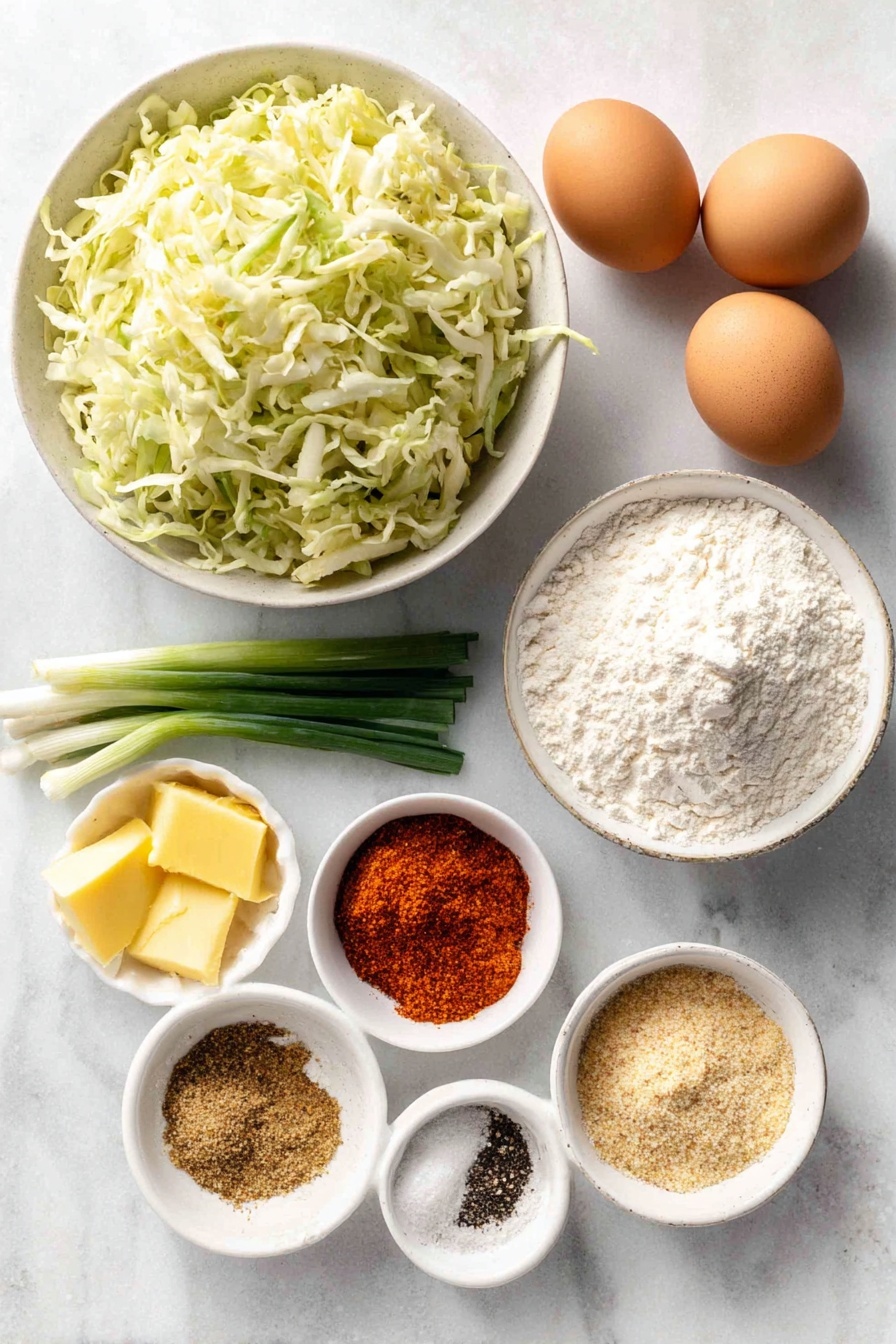 Cabbage Fritters, vegetable fritters, crispy cabbage pancakes, savory veggie snacks, easy cabbage recipes - Flat lay of a small pile of finely shredded green cabbage, two medium-small bright orange grated carrots, three fresh green scallions sliced thinly, two whole uncracked brown eggs, a small mound of white all-purpose flour, two peeled garlic cloves minced finely, a small white ceramic bowl of golden yellow ghee, a small white ceramic bowl of coarse sea salt crystals, a small white ceramic bowl of ground black pepper, a small white ceramic bowl of vibrant red paprika powder, and a small white ceramic bowl of light brown ground coriander powder, all arranged symmetrically on a clean white marble surface, soft natural light, photo taken with an iPhone, professional food photography style, fresh ingredients, white ceramic bowls, no bottles, no duplicates, no utensils, no packaging --ar 2:3 --v 7 --p awthu7i m7354615311229779997
