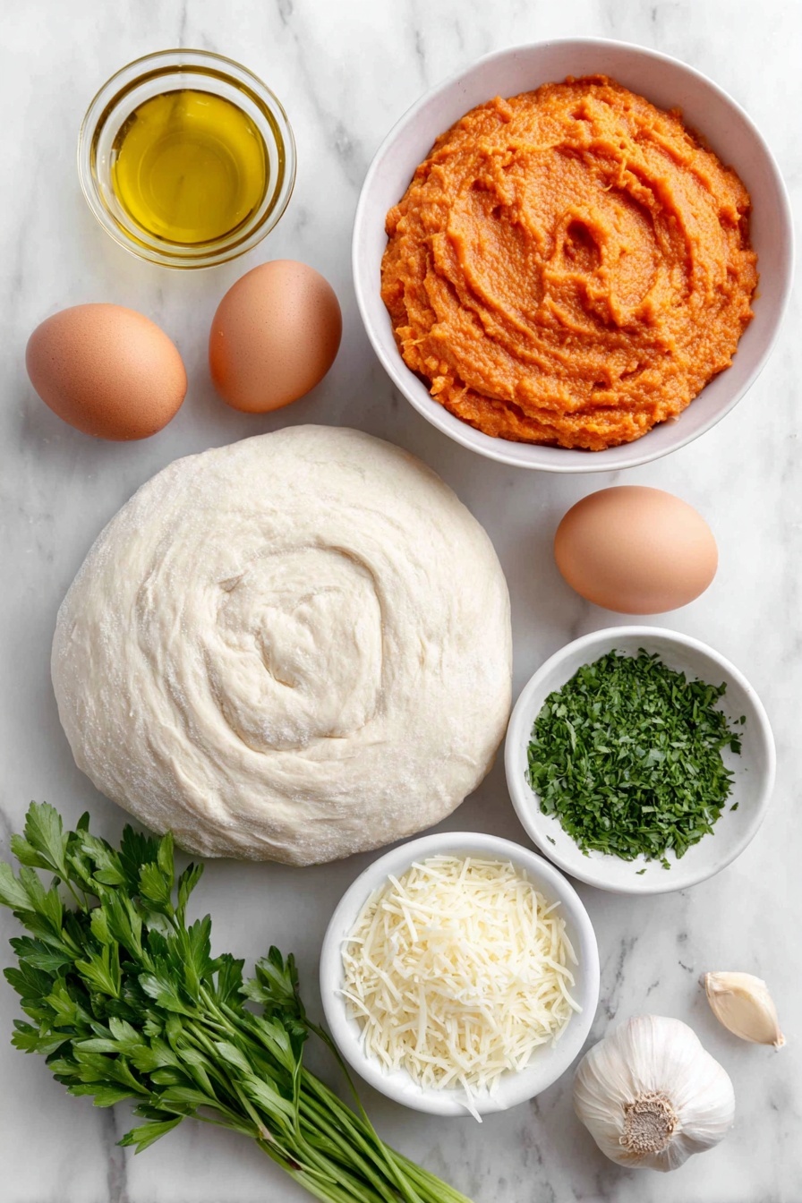 Pumpkin and Gouda Pizza with Caramelized Onions, Fall pumpkin pizza recipes, savory pumpkin pizza, Gouda cheese pizza recipes, cozy fall pizza ideas - Flat lay of a small white ceramic bowl with smooth bright orange pumpkin puree, a few whole uncracked brown eggs, a neatly coiled ball of fresh pale pizza dough, a small white ceramic bowl filled with golden extra-virgin olive oil, a white ceramic bowl holding thinly sliced translucent yellow onion rings, a few fresh garlic cloves with papery skin intact, a small white ceramic bowl of crushed red pepper flakes, a modest pile of freshly grated creamy gouda cheese, and a small bunch of finely chopped vibrant green fresh parsley, all arranged symmetrically and proportionately with perfect balance, placed on a clean white marble surface, soft natural light, photo taken with an iPhone, professional food photography style, fresh ingredients, white ceramic bowls, no bottles, no duplicates, no utensils, no packaging --ar 2:3 --v 7 --p m7354615311229779997