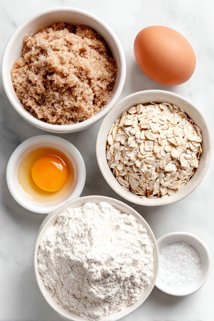 Delicious Lace Oat Cookies, oat cookies with brown butter, crispy buttery oat cookies, quick oat cookie recipe, easy lace cookies - Flat lay of a small white ceramic bowl of light brown packed sugar, a small white ceramic bowl of pale all-purpose flour, a small white ceramic bowl of rolled oats, a small white ceramic bowl of golden melted butter, a single whole clean-shelled brown egg, a few drops of golden vanilla extract in a tiny white ceramic bowl, and a small white ceramic bowl of coarse salt, all arranged in perfect symmetry with balanced proportions, placed on a clean white marble surface, soft natural light, photo taken with an iPhone, professional food photography style, fresh ingredients, white ceramic bowls, no bottles, no duplicates, no utensils, no packaging --ar 2:3 --v 7 --p m7354615311229779997