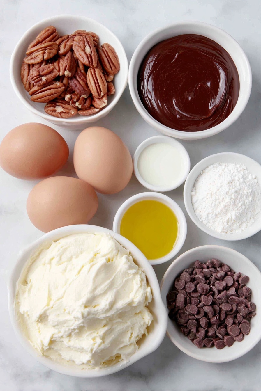 German Chocolate Poke Cake, chocolate poke cake recipe, coconut pecan cake, moist chocolate cake with fudge, easy German chocolate dessert - Flat lay of three whole brown eggs with clean shells, a small pile of unshelled pecans, a small white ceramic bowl of glossy mini chocolate chips, a small white ceramic bowl of thick sweetened condensed milk, a small white ceramic bowl of rich hot fudge sauce, a tub of creamy coconut pecan frosting with visible coconut flakes and pecan pieces beside it, and a small white ceramic bowl containing golden vegetable oil, all arranged symmetrically on a clean white marble surface, soft natural light, photo taken with an iPhone, professional food photography style, fresh ingredients, white ceramic bowls, no bottles, no duplicates, no utensils, no packaging --ar 2:3 --v 7 --p m7354615311229779997