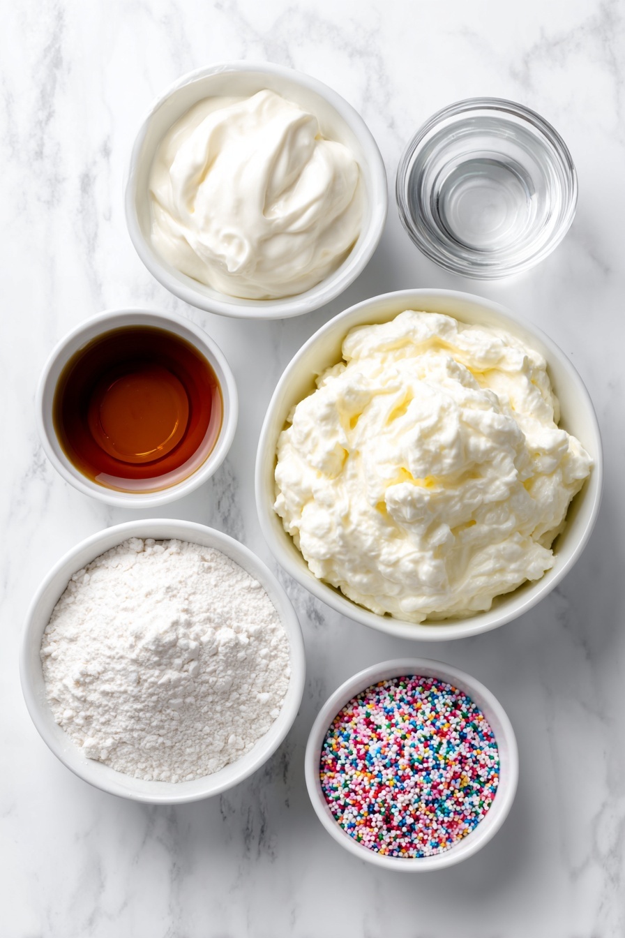 Vegan Protein Dunkaroo Dip, vegan protein dip, plant-based protein snack, healthy vegan dessert, easy vegan dip - Flat lay of a small white ceramic bowl filled with creamy plain Greek yogurt, a tiny white bowl holding clear vanilla extract, a small white bowl heaped with fine vanilla whey protein powder, a small white bowl containing amber-colored maple syrup, and a small white bowl brimming with colorful rainbow sprinkles, all ingredients fresh and natural, perfectly arranged in balanced symmetry, placed on a clean white marble surface, soft natural light, photo taken with an iPhone, professional food photography style, fresh ingredients, white ceramic bowls, no bottles, no duplicates, no utensils, no packaging --ar 2:3 --v 7 --p m7354615311229779997