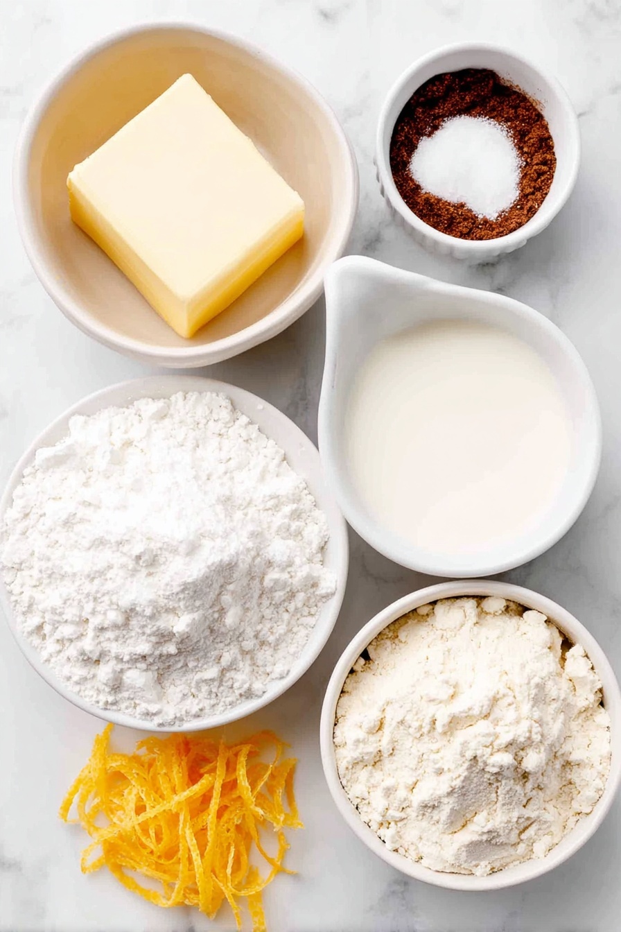 Cardamom Shortbread Cookies with Orange Glaze, citrus shortbread cookies, flavored shortbread recipes, gourmet cookie recipes, elegant Christmas cookies - Flat lay of a small square of salted butter, a small white bowl of fine powdered sugar, a small white bowl with golden ground cardamom powder, a neat pile of all-purpose flour, a small white bowl of bright orange juice, a small white bowl of fresh milk, a few strips of fresh orange zest, placed on a clean white marble surface, soft natural light, photo taken with an iPhone, professional food photography style, fresh ingredients, white ceramic bowls, no bottles, no duplicates, no utensils, no packaging --ar 2:3 --v 7 --p m7354615311229779997