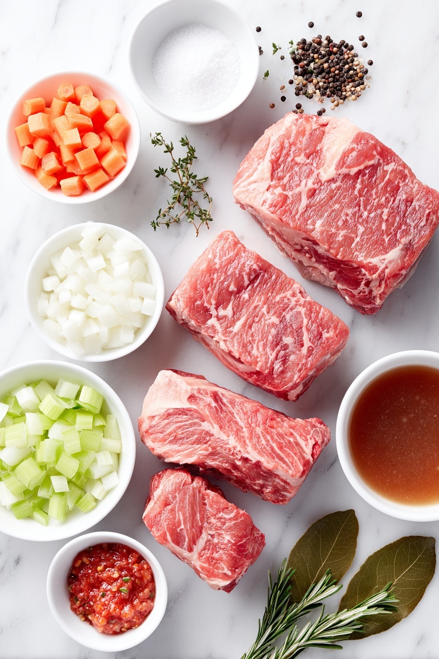 Italian Pot Roast, Italian Pot Roast Recipe, hearty Italian beef stew, Italian beef slow cooker, rustic Italian meat dish - Flat lay of diced fresh bacon cubes, three large raw beef chuck pieces with visible marbling, a small mound of coarse sea salt and cracked black peppercorns, a small white bowl of diced white onion, a small white bowl of diced orange carrot, a small white bowl of diced celery stalks, a small white bowl with chopped fresh garlic cloves, a small white bowl with red pepper flakes, a small white bowl filled with rich beef broth, a small white bowl of crushed bright red tomatoes, fresh green thyme sprigs, fresh rosemary sprigs, a small white bowl with mixed Italian seasoning herbs, and two fresh green bay leaves arranged symmetrically and balanced, placed on a clean white marble surface, soft natural light, photo taken with an iPhone, professional food photography style, fresh ingredients, white ceramic bowls, no bottles, no duplicates, no utensils, no packaging --ar 2:3 --v 7 --p m7354615311229779997