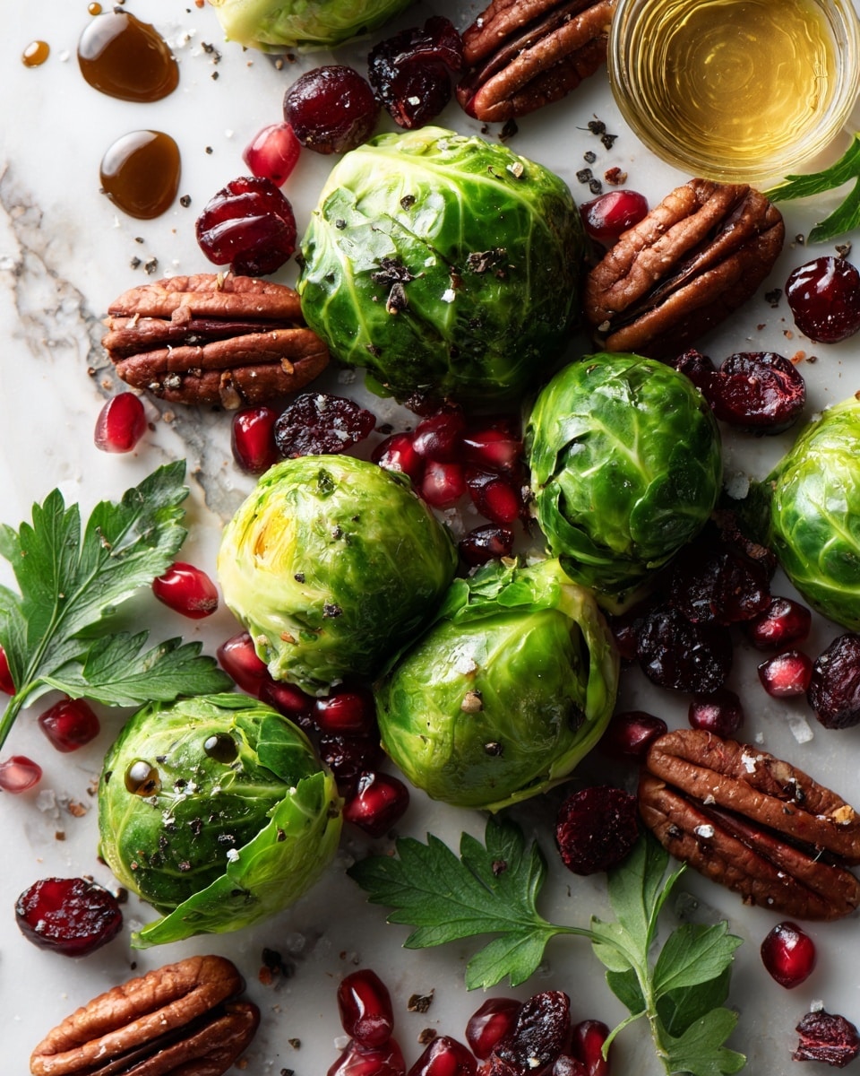 Balsamic Roasted Brussels Sprouts with Pecans and Cranberries, Brussels Sprouts side dish, roasted Brussels sprouts recipe, holiday Brussels sprouts, healthy Brussels sprouts - Flat lay of fresh green Brussels sprouts halved to reveal their tightly packed layers, glossy deep brown toasted pecan halves with rough textured edges, vibrant red dried cranberries scattered naturally, bright green fresh parsley leaves with delicate veins, small pools of dark, shiny balsamic vinegar, and golden amber honey droplets glistening softly, all arranged artfully with some crushed black pepper specks and coarse sea salt crystals sprinkled lightly, placed on white marbled surface, photo taken with an iphone --ar 2:3 --v 7