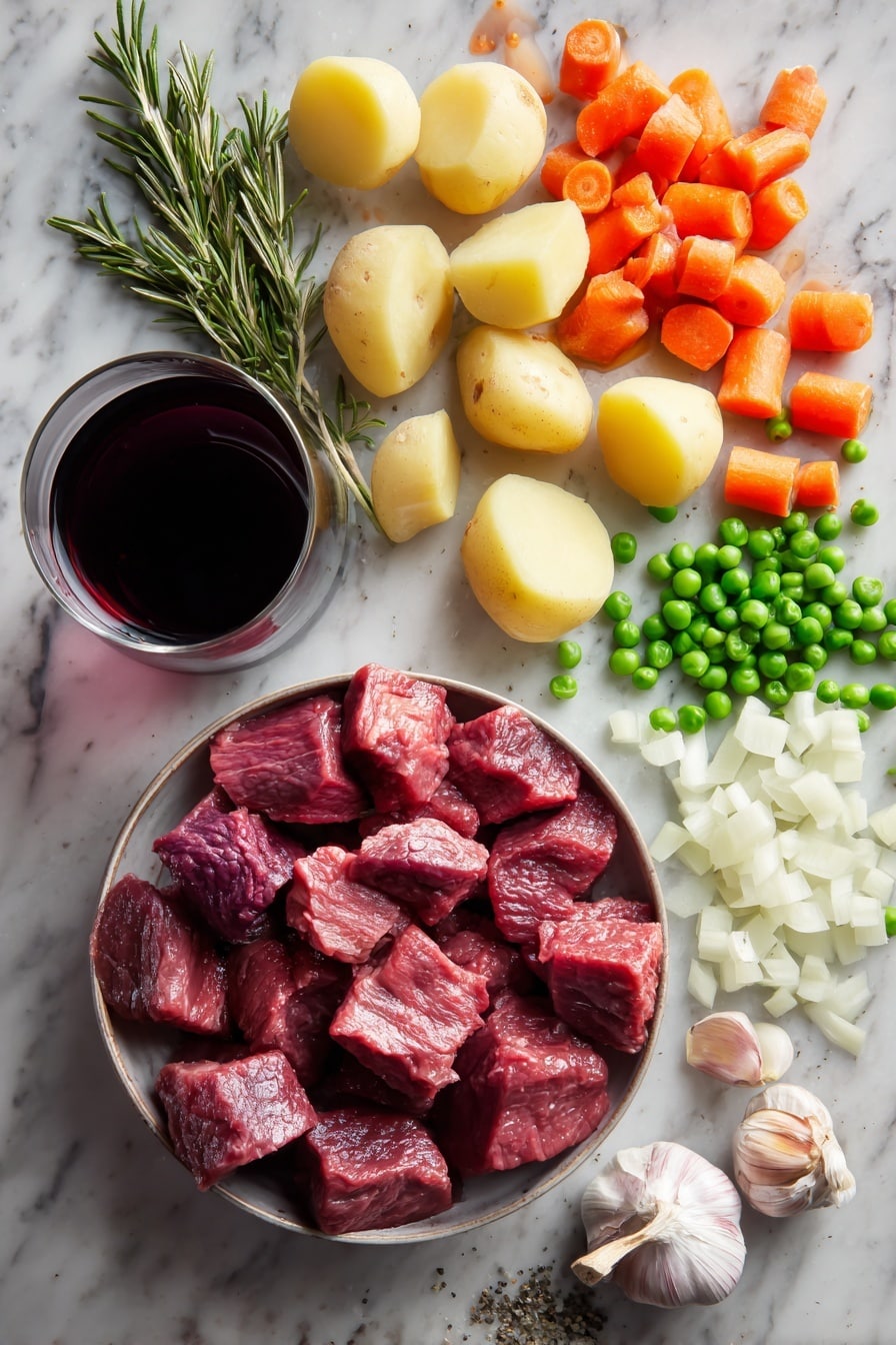 Slow Cooker Beef Stew with Red Wine and Vegetables, hearty beef stew, slow cooker beef recipes, beef and vegetable stew, red wine beef stew - Flat lay of rich red cubes of raw beef stew meat, bright orange carrot chunks, creamy pale yellow baby Yukon gold potatoes halved, glossy deep purple-red glass of cabernet sauvignon, fresh sprig of green rosemary, vibrant white and light purple diced onions, peeled cloves of garlic with smooth white skins, and bright green frozen peas scattered lightly, all arranged naturally with contrasting colors and textures, placed on white marbled surface, photo taken with an iphone --ar 2:3 --v 7