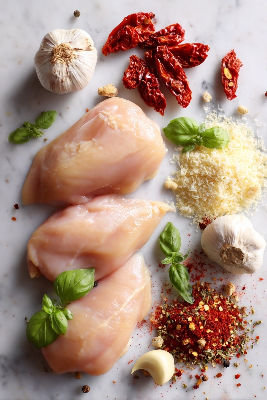 Crock Pot Marry Me Chicken, easy crock pot chicken recipes, creamy chicken dinner ideas, simple slow cooker chicken, romantic chicken dinner - Flat lay of four raw boneless, skinless chicken breasts with smooth, pale pink skin, scattered bright red sun-dried tomatoes with a slightly wrinkled texture, several fresh basil leaves in vibrant green with delicate veins, whole garlic bulbs and peeled garlic cloves showing their creamy white color, a small pile of grated parmesan cheese with a fine, crumbly texture in off-white, a mix of dried Italian herbs with flecks of green and brown, whole red pepper flakes with deep red and orange tones, and a small mound of paprika powder in rich rusty red, all beautifully arranged in a natural, slightly scattered composition placed on white marbled surface, photo taken with an iphone --ar 2:3 --v 7