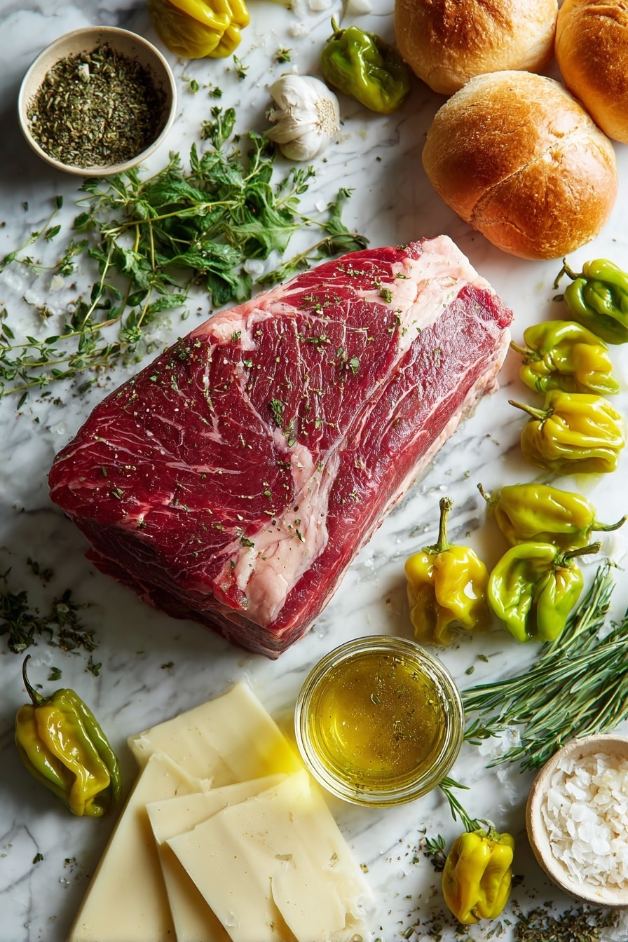 Italian Beef Sandwiches with Pepperoncini and Melted Cheese, Italian Beef Sandwich, Pepperoncini Beef Sandwich, Slow Cooker Italian Sandwich, Beef Sandwiches with Pepperoncini - Flat lay of a large raw beef roast with rich red and marbled fat textures, scattered bright green and yellow pepperoncini peppers with wrinkled skins, fresh garlic herb seasoning sprinkled in small piles of dried herbs, a small glass jar of golden-yellow pepperoncini brine with a slight sheen, thick slices of creamy white provolone cheese, golden crusty sub rolls with a soft interior visible, and fresh sprigs of green Italian herbs gently placed around, all arranged naturally with overlapping elements and varied shapes, placed on white marbled surface, photo taken with an iphone --ar 2:3 --v 7