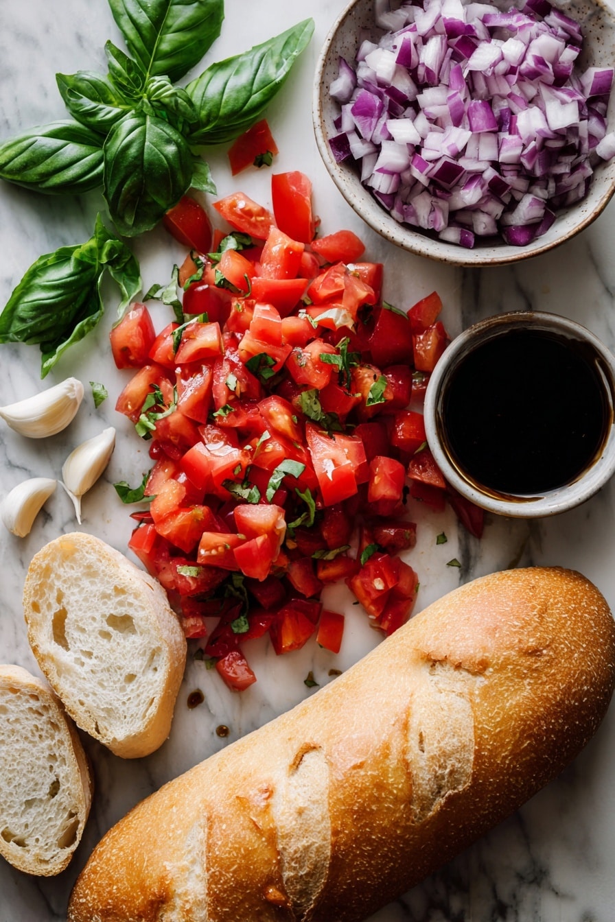 Tomato Bruschetta with Balsamic Glaze, fresh tomato bruschetta, easy appetizer recipes, healthy summer snack, flavorful Italian starters - Flat lay of ripe red roma tomatoes diced with vibrant purple-red diced red onion, bright green fresh basil leaves roughly chopped, plump cloves of garlic with smooth white papery skin, glossy deep brown balsamic vinegar reduced to a thick glaze, and a fresh loaf of crusty French baguette with a golden brown crust and soft creamy interior, all naturally arranged with scattered basil leaves and garlic cloves for texture contrast, placed on white marbled surface, photo taken with an iphone --ar 2:3 --v 7