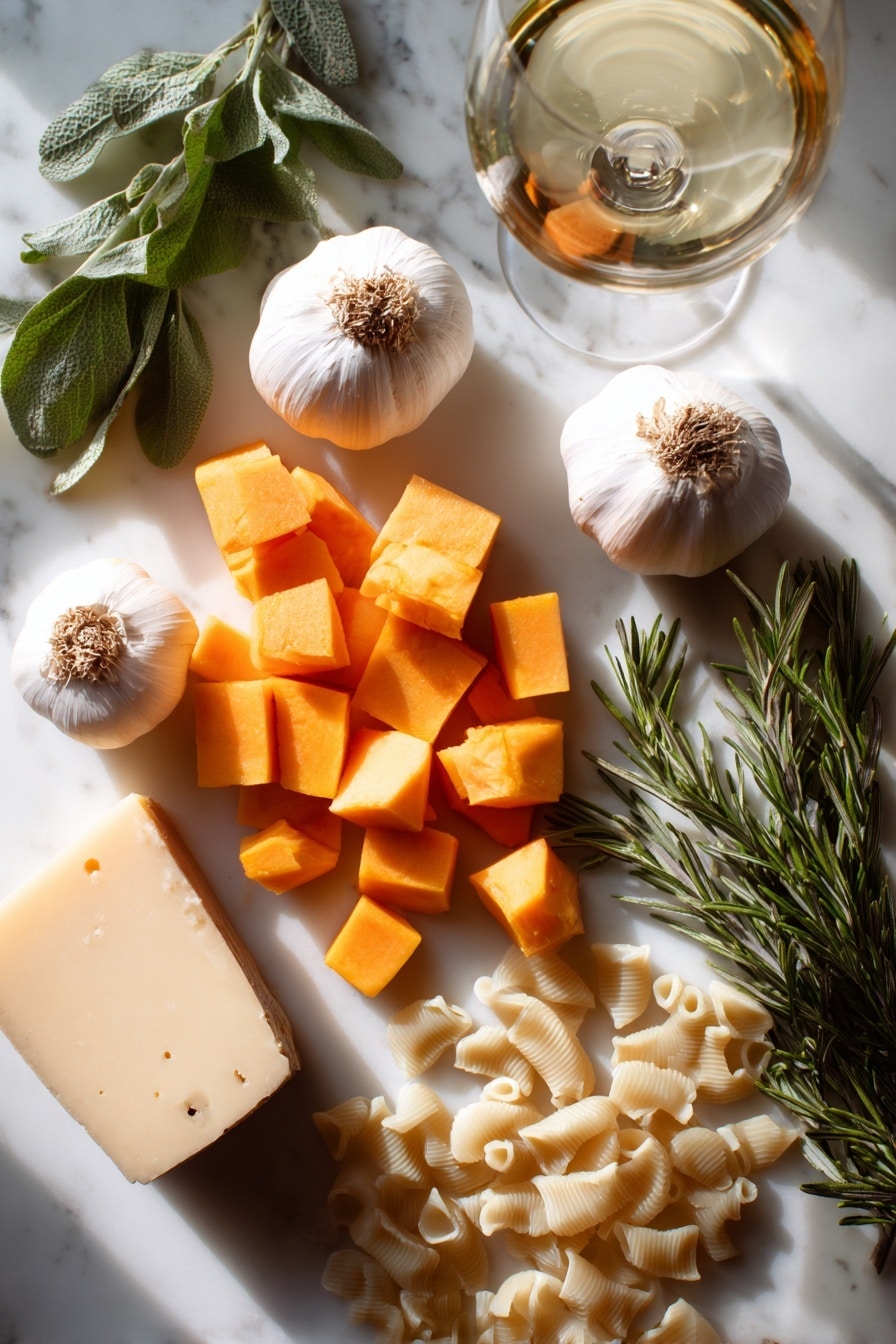 Roasted Pumpkin & Garlic Pasta with Parmesan, pumpkin pasta recipes, easy fall pasta dishes, comforting pumpkin garlic pasta, cheesy pumpkin pasta - Flat lay of medium-sized diced orange pumpkin pieces with smooth skin, two whole garlic bulbs with papery white skins and exposed cloves, fresh green rosemary sprigs with needle-like leaves, uncooked small pasta shapes in a pale cream color, a wedge of light yellow parmesan cheese with a slightly crumbly texture, a small bunch of fresh green herbs, and a glass of white wine showing a pale golden hue, all naturally scattered and artistically arranged with gentle shadows and soft natural light, placed on white marbled surface, photo taken with an iphone --ar 2:3 --v 7
