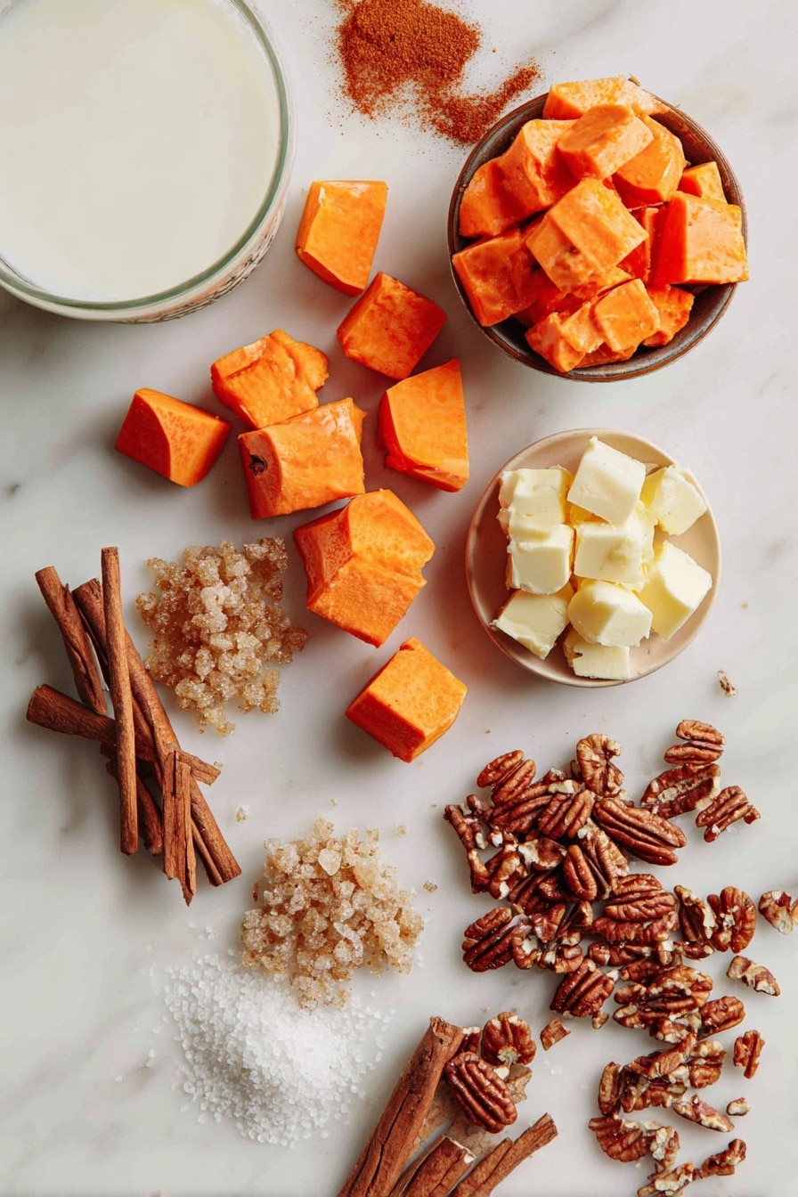 Vegan Sweet Potato Casserole with Butter Pecan Topping, plant-based sweet potato casserole, vegan holiday side dish, vegan pecan topping recipe, dairy-free sweet potato casserole - Flat lay of vibrant peeled and chopped sweet potatoes with their bright orange flesh, a smooth open can of creamy white coconut milk, piles of golden brown sugar crystals sparkling softly, whole warm cinnamon sticks alongside whole nutmeg pods and ground cinnamon powder showing fine texture, a small heap of chopped glossy pecans with rich brown hues, and a chunk of soft vegan butter with a pale yellow color, all beautifully arranged with a mix of scattered spices and neatly grouped ingredients, placed on white marbled surface, photo taken with an iphone --ar 2:3 --v 7