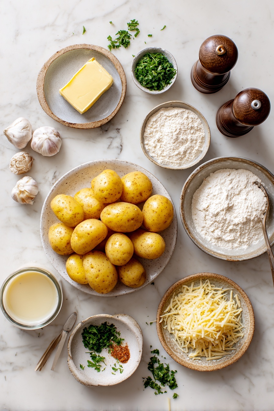 Creamy Garlic Potatoes, garlic potatoes recipe, easy potato side dish, flavorful potato recipes, quick garlic potatoes - Flat lay of a small pile of yellow baby potatoes, a few garlic cloves minced in a small bowl, a pat of butter on a dish, a small mound of flour, a small cup of chicken broth, a half cup of creamy half and half in a glass, a small pile of shredded Parmesan cheese, a pinch of cayenne pepper in a tiny dish, fresh chopped parsley scattered around, with salt and black pepper grinders nearby, all placed on a white marble surface, photo taken with an iphone --ar 2:3 --v 7