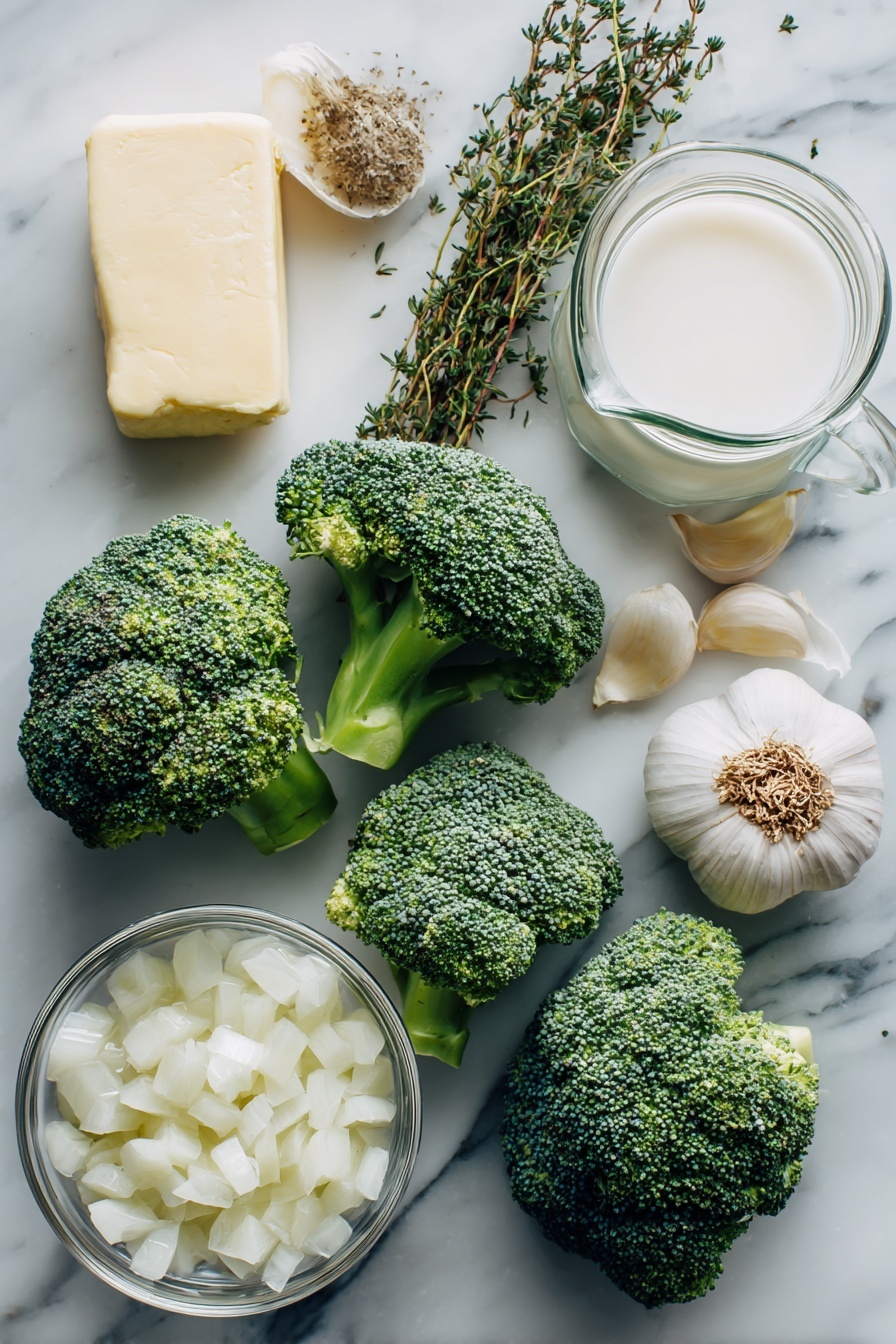 Cream of Broccoli Soup, Broccoli Soup Recipe, Easy Creamy Broccoli Soup, Healthy Broccoli Soup, Cozy Vegetable Soup - Flat lay of fresh broccoli florets, a medium diced white onion, whole garlic cloves, sprigs of dried thyme and oregano, a small mound of salted butter, and a splash of creamy milk and heavy cream artfully arranged in clear glass containers, placed on a white marble surface, photo taken with an iphone --ar 2:3 --v 7