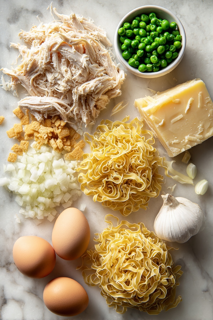 Creamy Chicken Casserole, Chicken Casserole, Easy Chicken Dinner, Comfort Food Recipes, Baked Chicken Dish - Flat lay of shredded cooked chicken, bright green frozen peas, diced white onion, minced garlic cloves, a block of sharp cheddar cheese with some shreds scattered nearby, pale yellow butter, a small pile of crushed golden crackers, and a wedge of grated parmesan cheese artfully arranged with uncooked egg noodles in loose nests, placed on a white marble surface, photo taken with an iphone --ar 2:3 --v 7