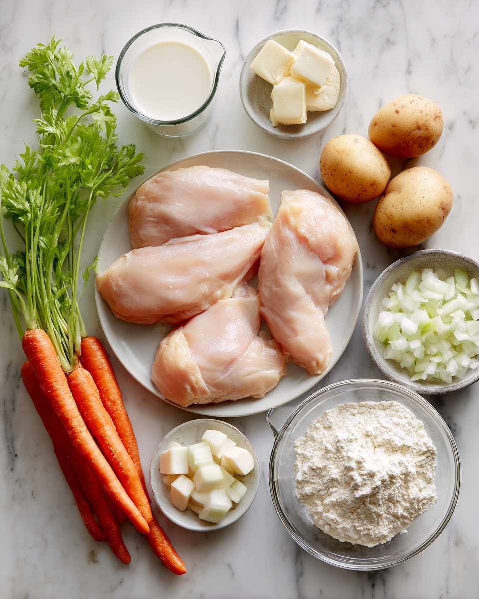 Southern Style Chicken and Dumplings, comforting chicken and dumplings recipe, homemade chicken and dumplings, Southern comfort food, easy chicken and dumplings - Flat lay of three boneless skinless chicken breasts, a medium diced white onion, three peeled garlic cloves, two cups of whole milk in a clear glass, a pile of flour with some cold shortening chunks on top, a small mound of baking powder, a small bowl of buttermilk, and a few sprigs of fresh celery and sliced carrots arranged beautifully on a white marble surface, photo taken with an iphone --ar 2:3 --v 7