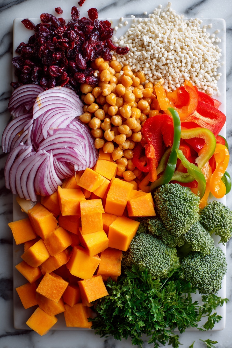Roasted Pumpkin Couscous Salad with Vegetables and Pumpkin Seeds, healthy roasted pumpkin salad, veggie couscous bowl, fall vegetable salad, easy roasted pumpkin recipe - Flat lay of vibrant cubed pumpkin, bright red onion wedges, colorful red and green bell pepper slices, fresh green broccoli florets, crisp orange carrot slices, golden chickpeas, raw pearl couscous grains, sprinkled pumpkin seeds, dried cranberries, and fresh chopped parsley, all beautifully arranged in an artful composition on a white marble surface, photo taken with an iphone --ar 2:3 --v 7