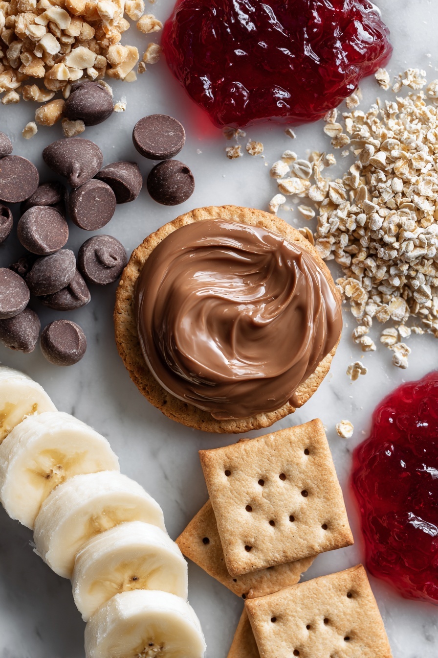Vegan Chocolate-Dipped Peanut Butter Cracker Sandwiches, vegan snacks, no-bake treats, plant-based dessert, easy vegan recipes - Flat lay of smooth peanut butter spread in a small dollop, glossy vegan chocolate chips scattered around, a neat stack of round snack crackers, a small pile of crushed nuts shimmering with texture, vibrant dollops of jelly in rich red hues, fresh ripe banana slices with soft cream color and seeds visible, and a few square graham crackers with a crumbly texture, all beautifully arranged with balanced spacing and natural light highlighting their colors and textures, placed on a white marble surface, photo taken with an iphone --ar 2:3 --v 7