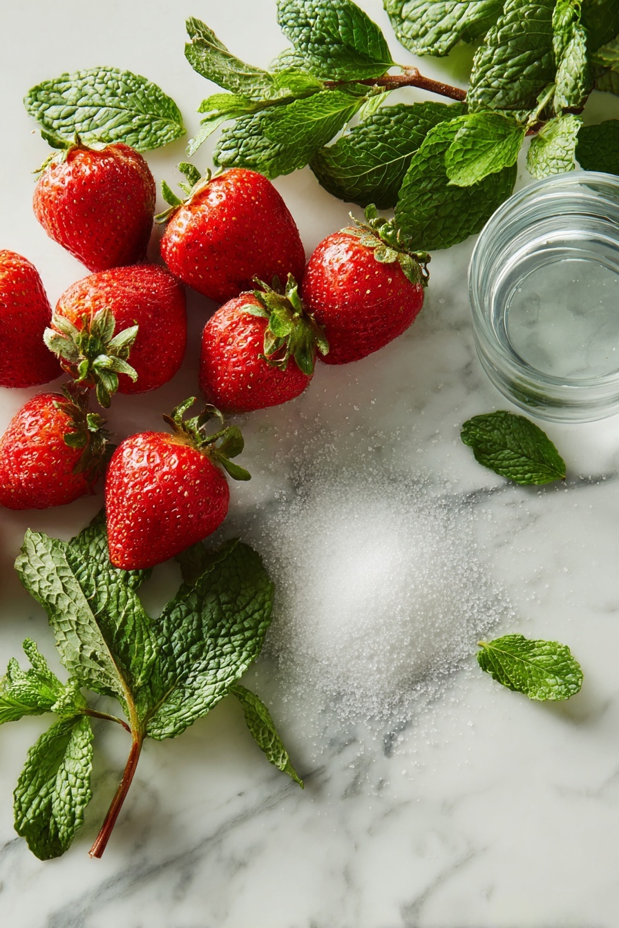 Strawberry Sorbet with Mint, Strawberry Mint Frozen Dessert, Refreshing Strawberry Sorbet, Healthy Summer Frozen Treat, Homemade Strawberry Mint Ice Cream - Flat lay of ripe red strawberries with green leafy tops, fresh bright green mint sprigs and loose mint leaves scattered among them, a small pile of granulated white sugar sparkling under soft light, and a clear glass of fresh water beside the fruits, all arranged beautifully on a white marble surface, photo taken with an iphone --ar 2:3 --v 7