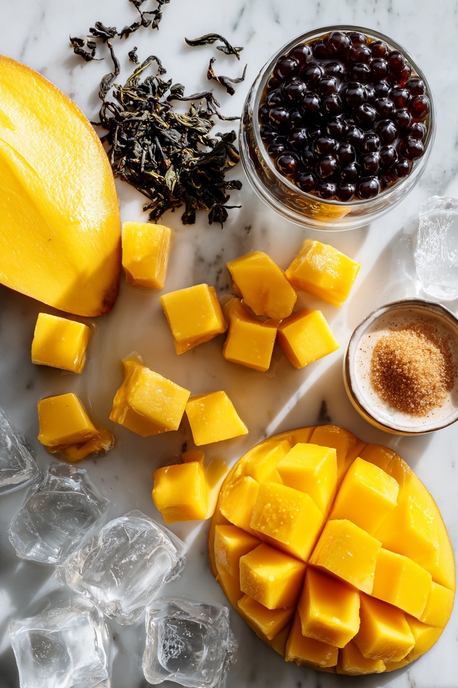 Mango Bubble Tea, Mango Bubble Tea Recipe, Homemade Bubble Tea with Mango, Tropical Mango Bubble Tea, Best Mango Bubble Tea - Flat lay of ripe mangoes cut into bright yellow cubes, glossy black cooked tapioca pearls glistening with brown sugar syrup, loose green tea leaves scattered nearby, a small pile of brown sugar crystals, a splash of creamy plant-based milk in a glass pour, and a few ice cubes sparkling clear, all beautifully arranged with vibrant colors and textures, placed on a white marble surface, photo taken with an iphone --ar 2:3 --v 7