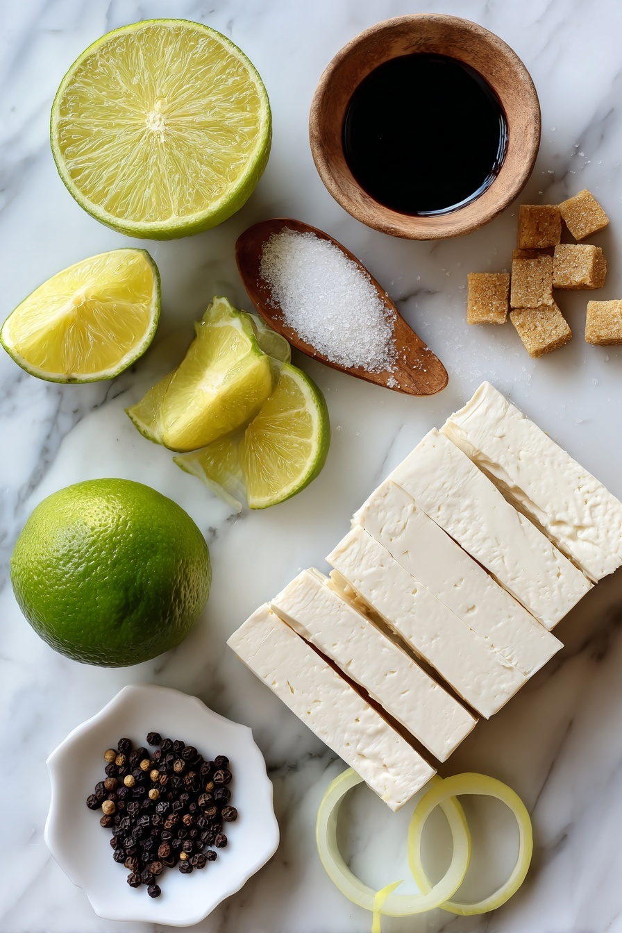 Sautéed Lime Tofu, Lime Tofu recipe, Crispy tofu with lime, Vegan lime tofu, Easy tofu stir-fry - Flat lay of firm tofu strips, fresh whole lime and lime wedges, glossy yellow onion slices, small piles of brown sugar crystals, a small dish of dark soy sauce, and a scattering of black peppercorns beautifully arranged on a white marble surface, photo taken with an iphone --ar 2:3 --v 7