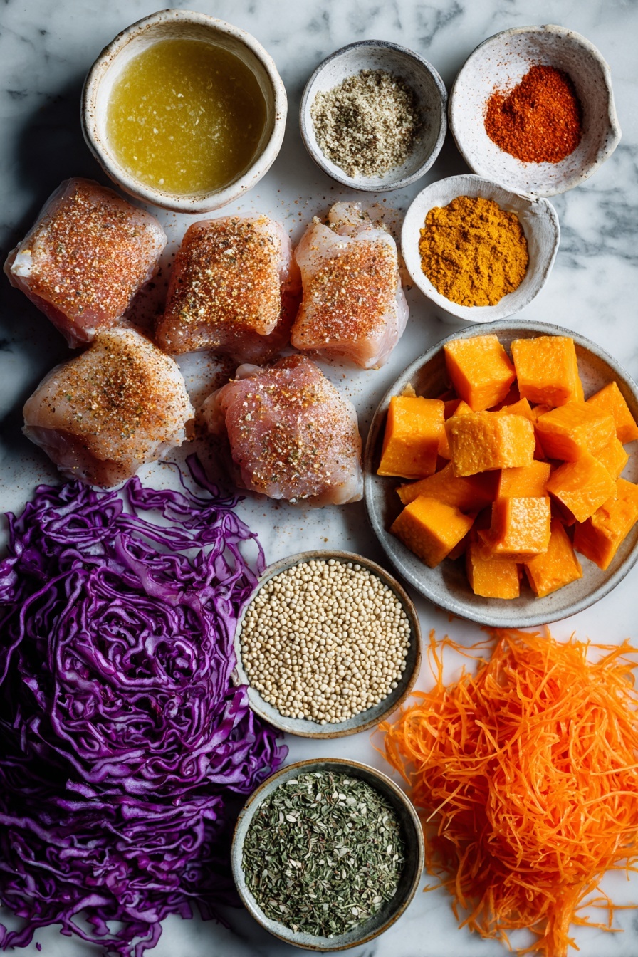Healthy Hot Honey Chicken Bowls, Hot Honey Chicken Bowls, Sweetgreen Copycat Bowls, Healthy Chicken Bowls, Easy Healthy Dinner Recipes - Flat lay of cubed raw chicken thighs sprinkled with garlic powder, smoked paprika, chili powder, dried thyme, and cayenne pepper, bright orange cubed sweet potatoes dusted with smoked paprika and garlic powder, shredded deep purple cabbage and bright orange shredded carrots, small dish of golden hot honey, fresh lime halves with vibrant green skin, a heap of uncooked quinoa grains, and a small pile of Dijon mustard, all beautifully arranged on a white marble surface, photo taken with an iphone --ar 2:3 --v 7