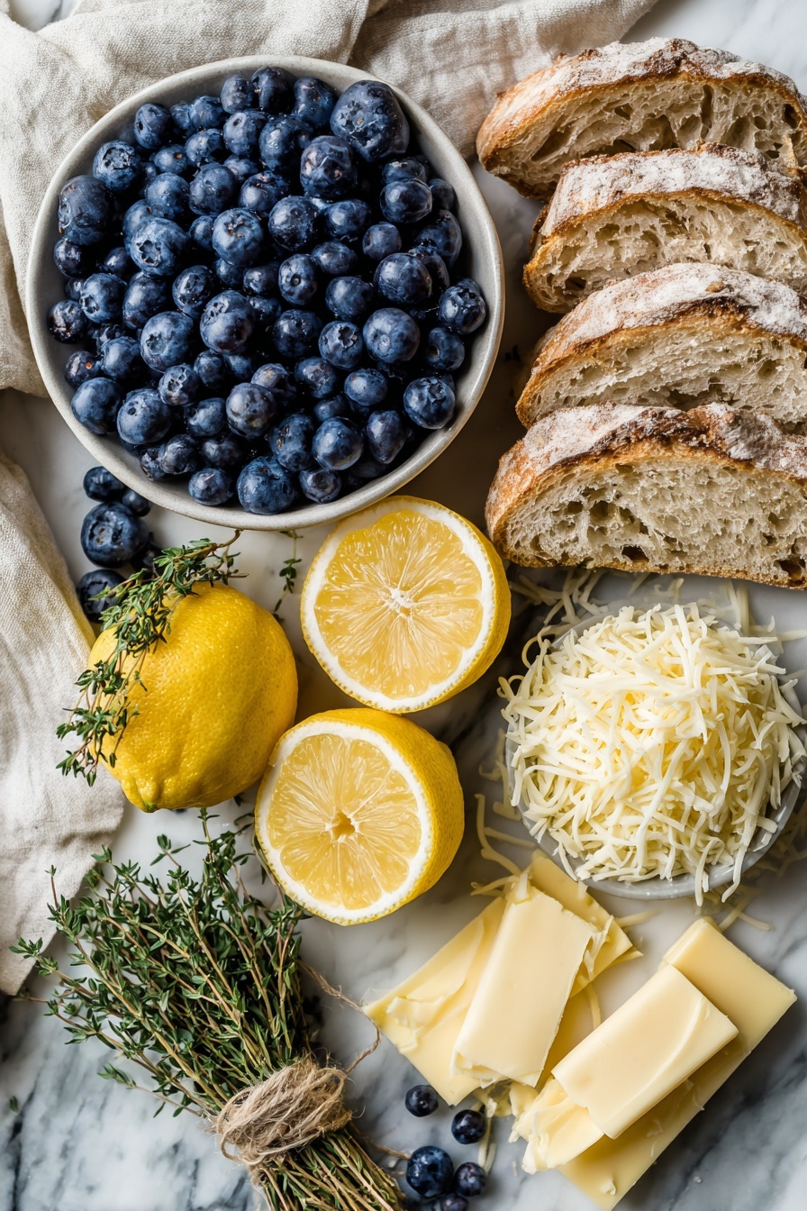 Blueberry Lemon Thyme White Cheddar Grilled Cheese Sandwiches, Gourmet grilled cheese with berries and herbs, Sweet and savory cheese sandwich recipe, Unique cheese sandwich ideas, Fast delicious grilled cheese recipes - Flat lay of fresh blueberries spilling gently from a small cluster, vibrant lemon halves with visible juice droplets, bright green lemon thyme sprigs tied with twine, rustic slices of sourdough bread showcasing their thick crust and airy crumb, shredded white cheddar cheese and shredded mozzarella cheese piles side by side displaying creamy textures, and a few pats of pale yellow butter arranged neatly, all placed on a white marble surface, photo taken with an iphone --ar 2:3 --v 7