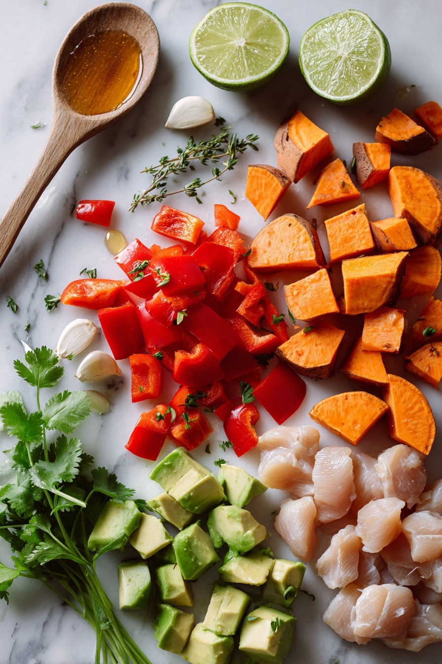 Grilled Chili Lime Honey Chicken, grilled chili lime honey chicken with sweet potatoes and avocado salsa, healthy grilled chicken recipes, summer chicken dishes, flavorful chicken marinade - Flat lay of bright orange sweet potato wedges, vibrant red bell pepper chunks, fresh green avocado cubes, a whole jalapeño pepper, fresh lime halves, sprigs of green cilantro and oregano, garlic cloves, and glistening honey drizzled on a small wooden spoon, all beautifully arranged with pieces of raw chicken breast chunks scattered artfully, placed on a white marble surface, photo taken with an iphone --ar 2:3 --v 7