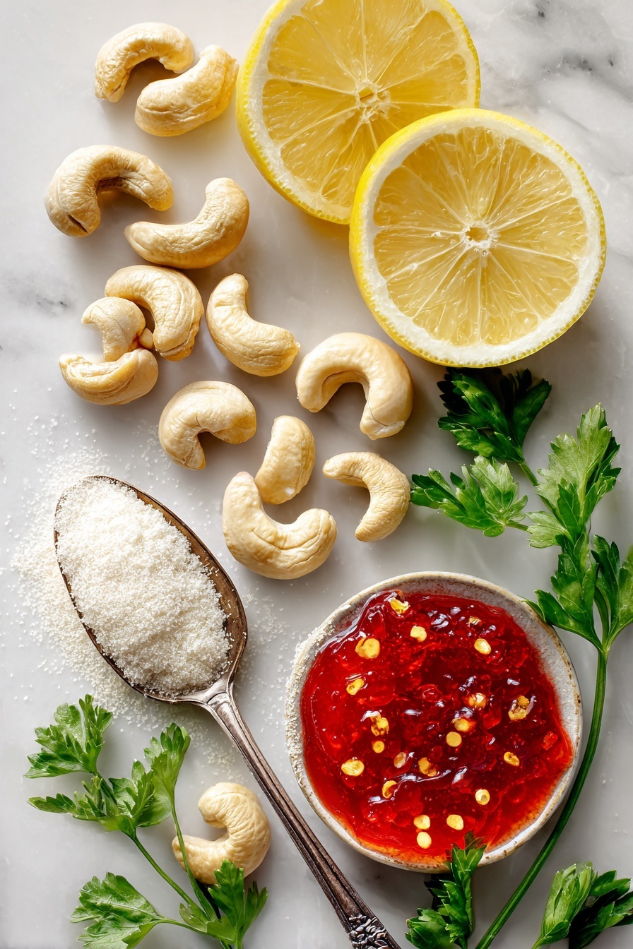 Vegan Brie Dip Pepper Jelly, plant-based brie dip, vegan appetizer recipes, dairy-free cheese dip, easy vegan dip ideas - Flat lay of raw cashews, fresh lemon halves with bright yellow flesh, a small mound of white miso paste, translucent tapioca starch powder, a spoonful of vivid red pepper jelly glistening with visible chili flakes, and sprigs of fresh green parsley, all beautifully arranged with vibrant colors and textures, placed on a white marble surface, photo taken with an iphone --ar 2:3 --v 7