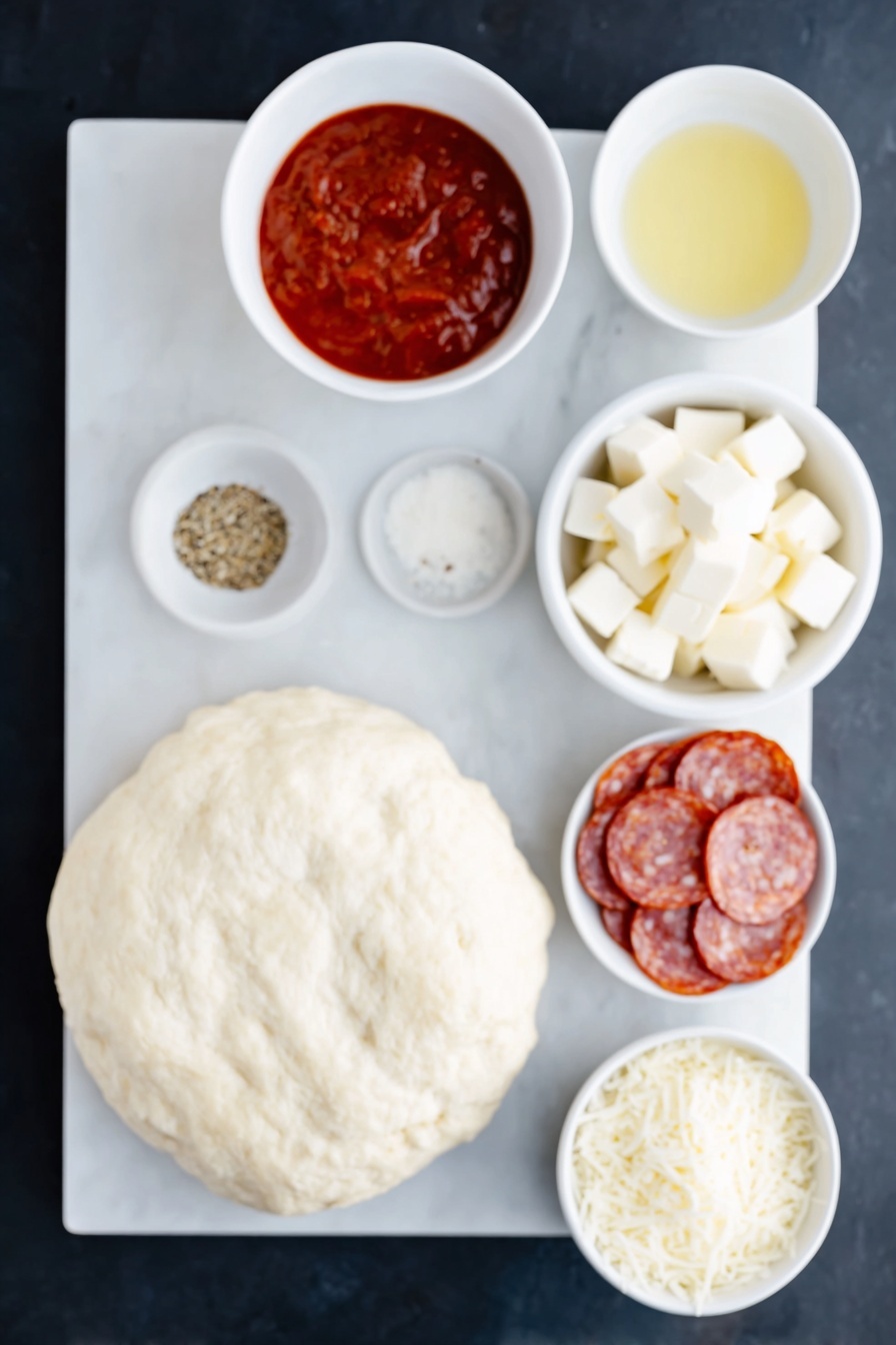 Cheesy Pizza Bombs with Garlic Butter, cheesy pizza bombs, pizza appetizer recipes, cheesy stuffed bites, game day appetizer ideas - Flat lay of a stack of round, pale buttermilk biscuits with smooth tops, a small white bowl filled with rich red pizza sauce, a neat pile of glossy mini pepperoni slices, sixteen small cubes of fresh white mozzarella cheese arranged symmetrically, a simple white bowl holding melted golden butter, another white bowl with finely grated pale parmesan cheese, and a small white bowl containing a mix of dried Italian seasoning and garlic salt sprinkled evenly, placed on a clean white marble surface, soft natural light, photo taken with an iPhone, professional food photography style, fresh ingredients, white ceramic bowls, no bottles, no duplicates, no utensils, no packaging --ar 2:3 --v 7 --p awthu7i m7354615311229779997